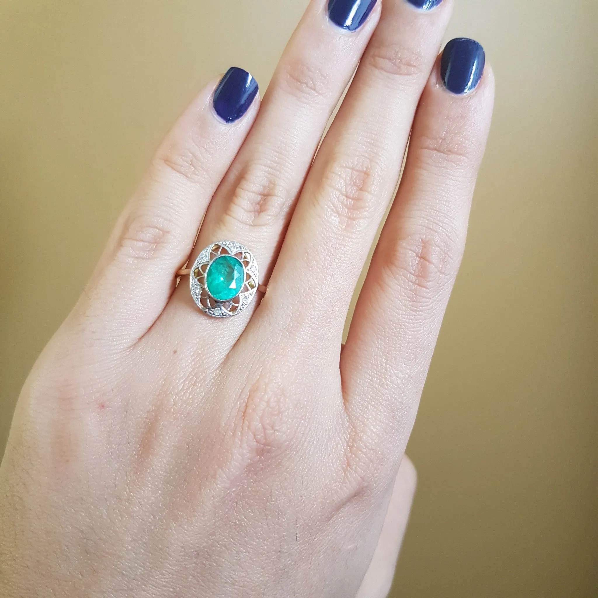 ANTIQUE NOUVEAU EMERALD AND DIAMOND RING