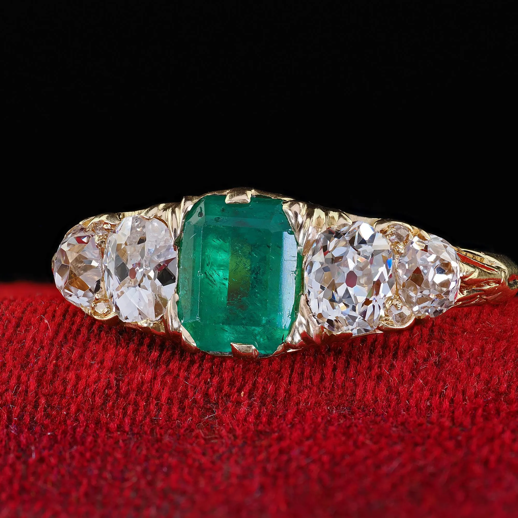 Antique Victorian 18K Yellow Gold Emerald Old Mine Diamond Five Stone Ring - GIA