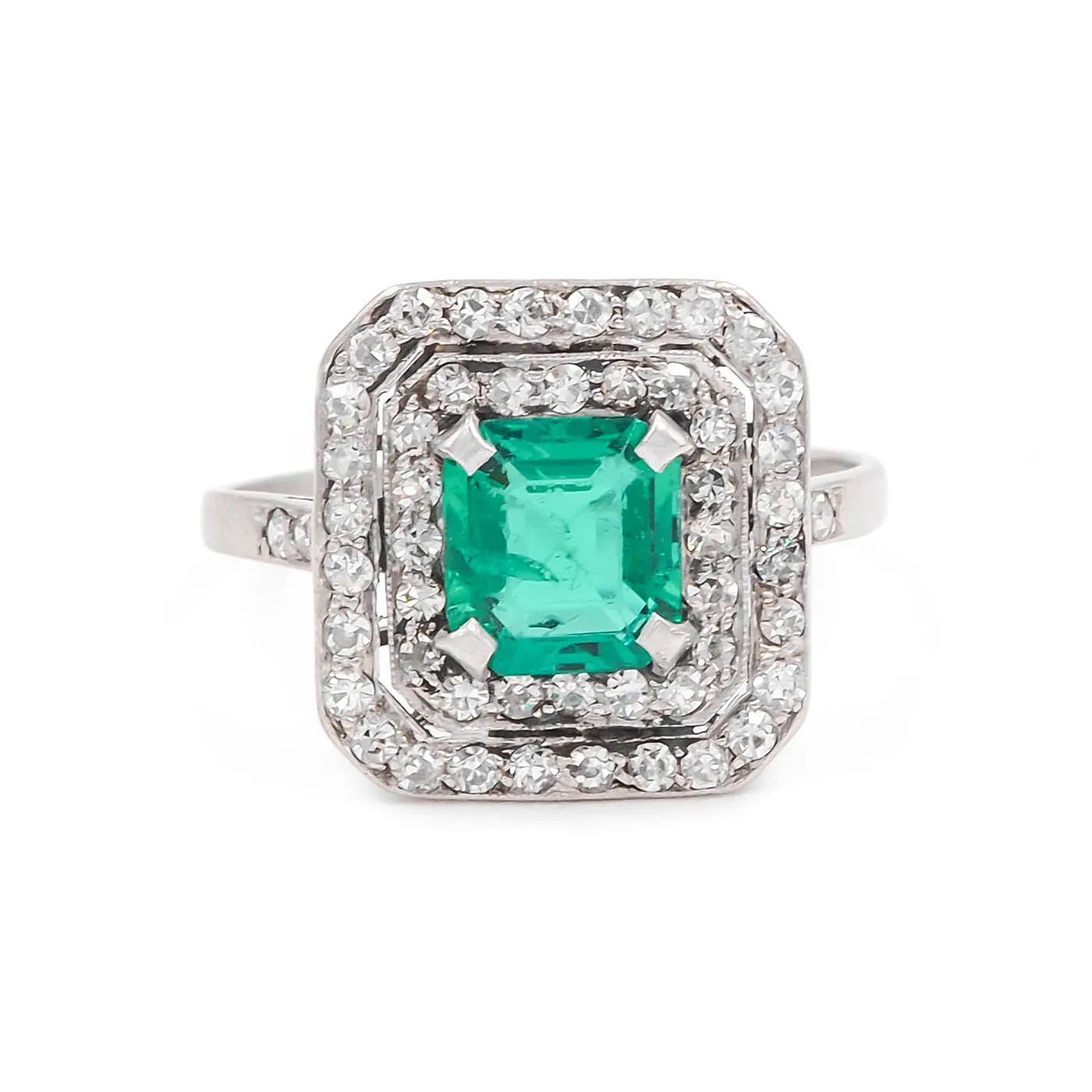 Art Deco 1.10 Ct. Emerald & Diamond Square Ring