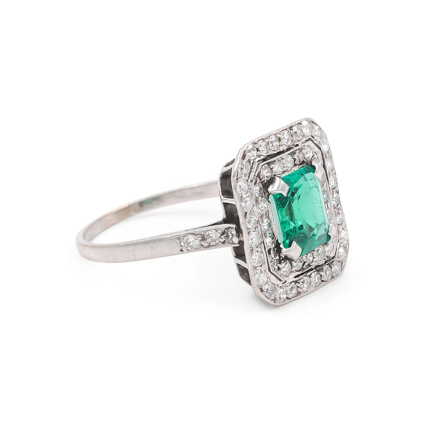 Art Deco 1.10 Ct. Emerald & Diamond Square Ring