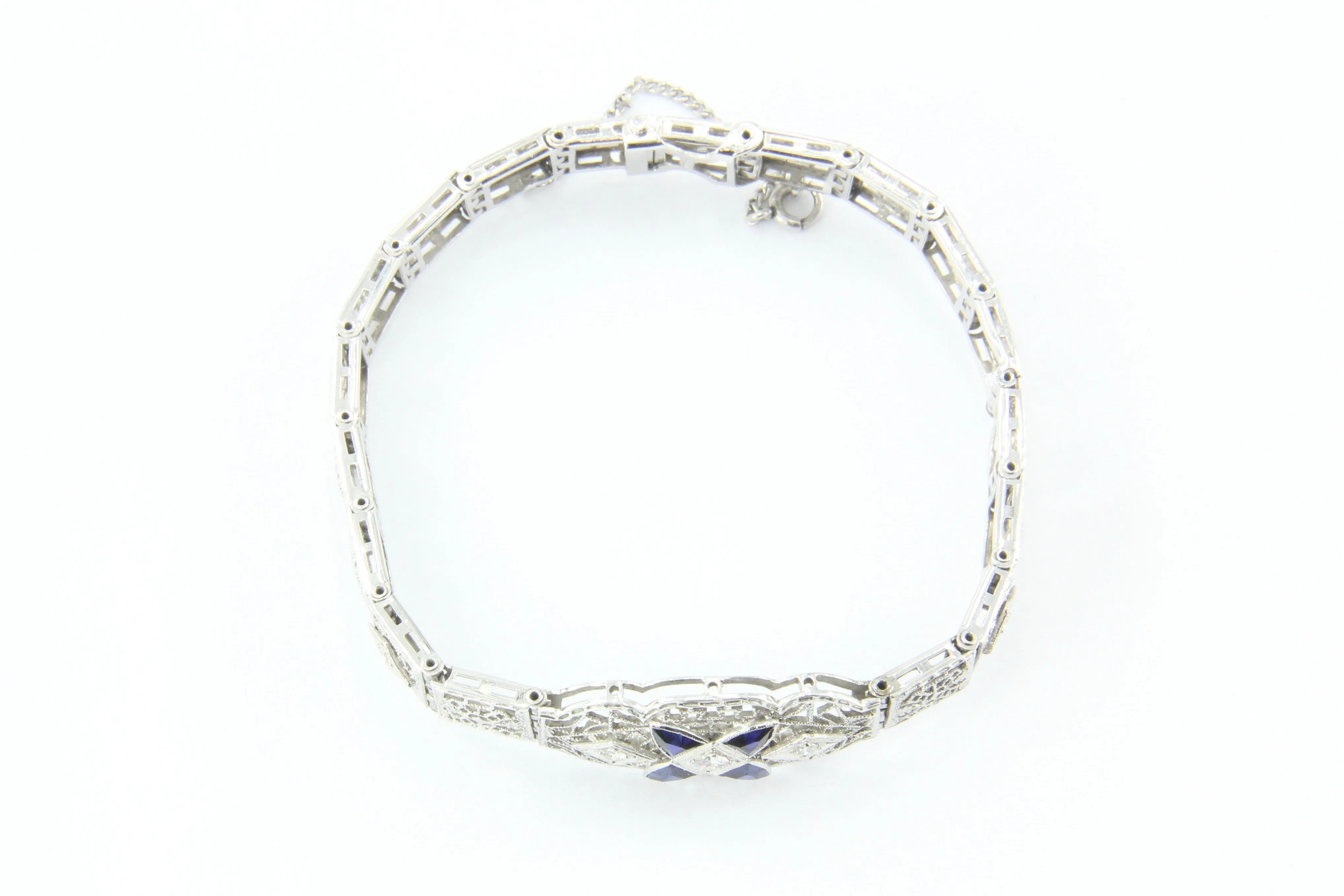 Art Deco 14K White Gold Diamond Sapphire Filigree Bracelet c.1920's