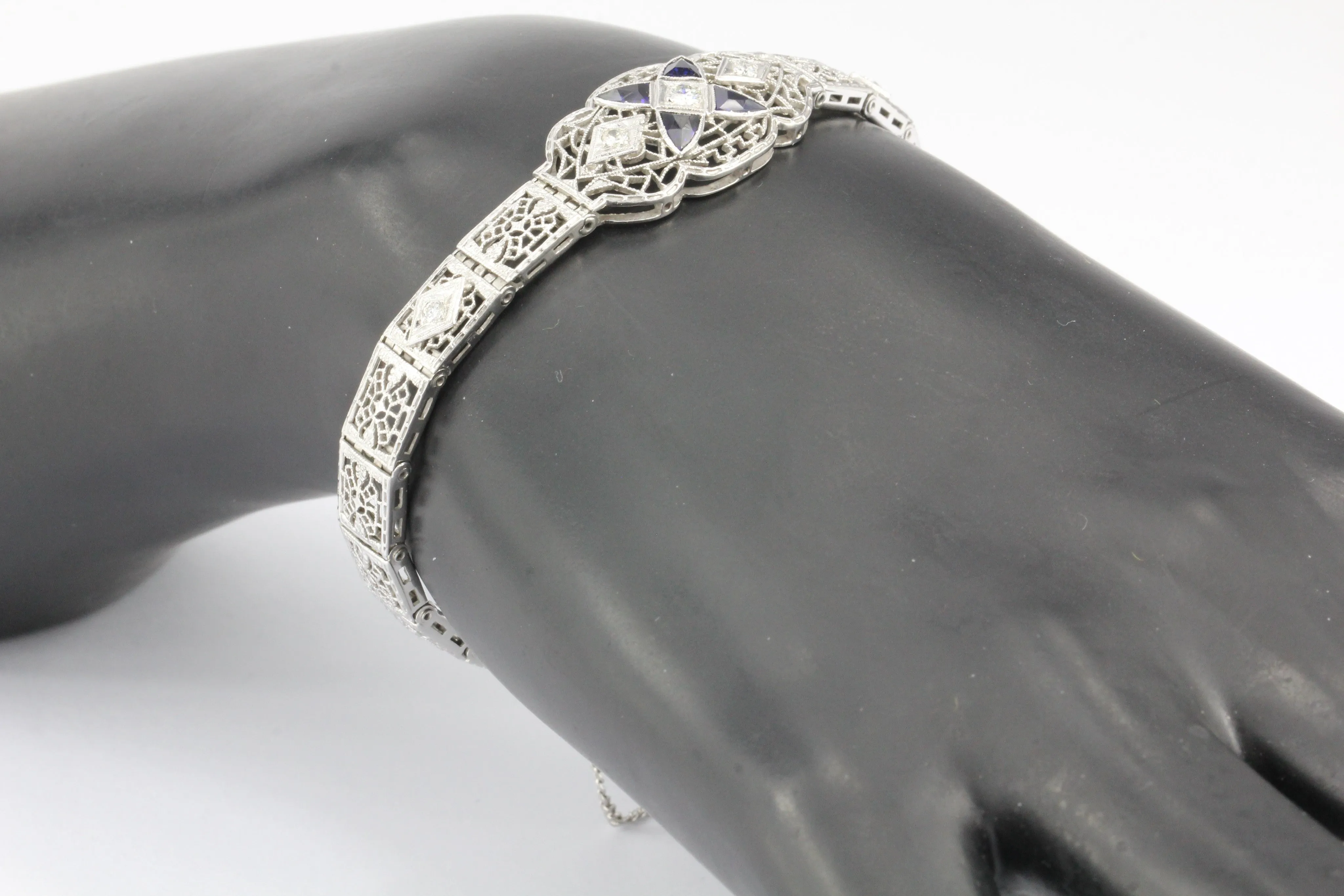 Art Deco 14K White Gold Diamond Sapphire Filigree Bracelet c.1920's