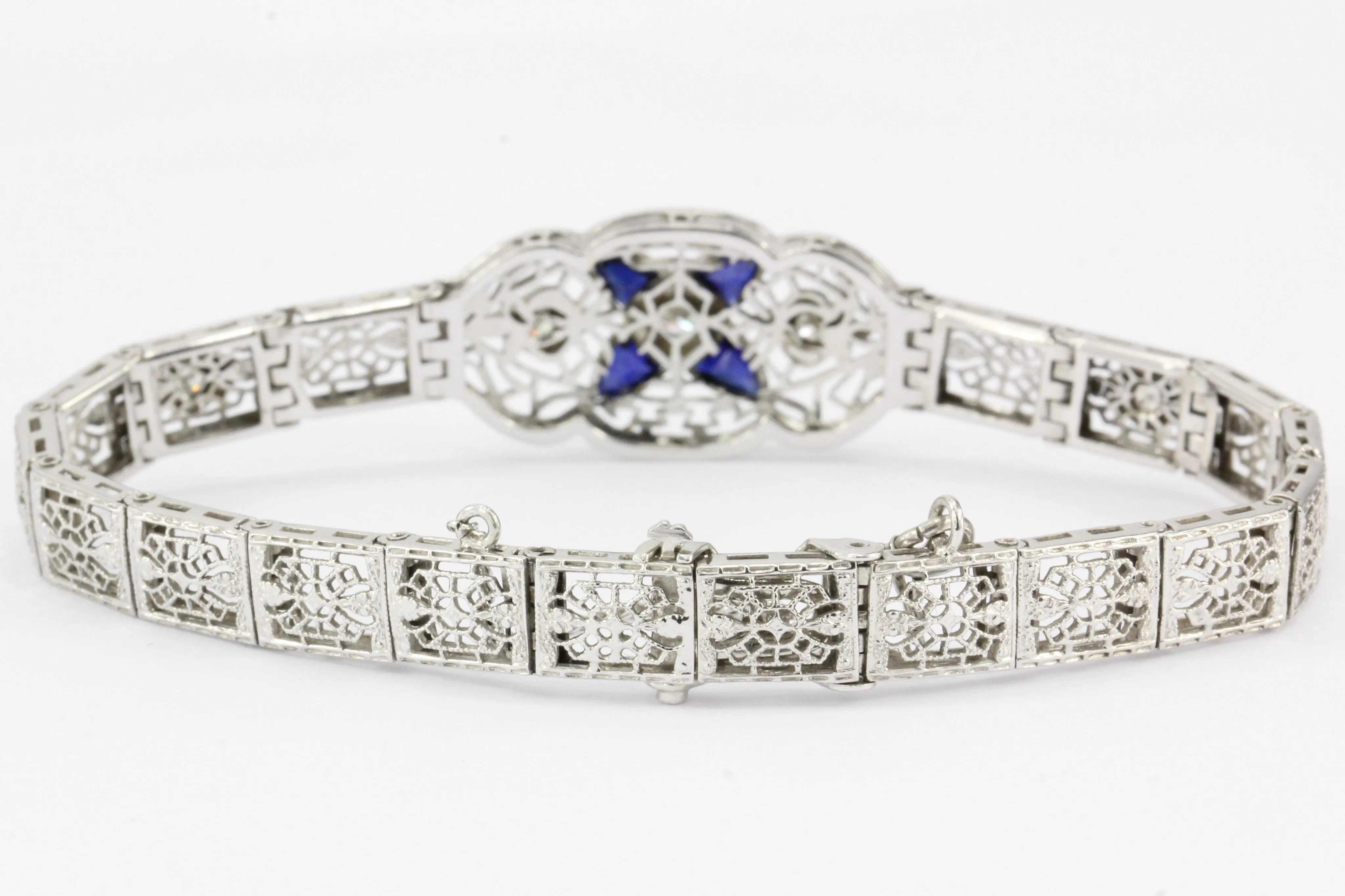 Art Deco 14K White Gold Diamond Sapphire Filigree Bracelet c.1920's