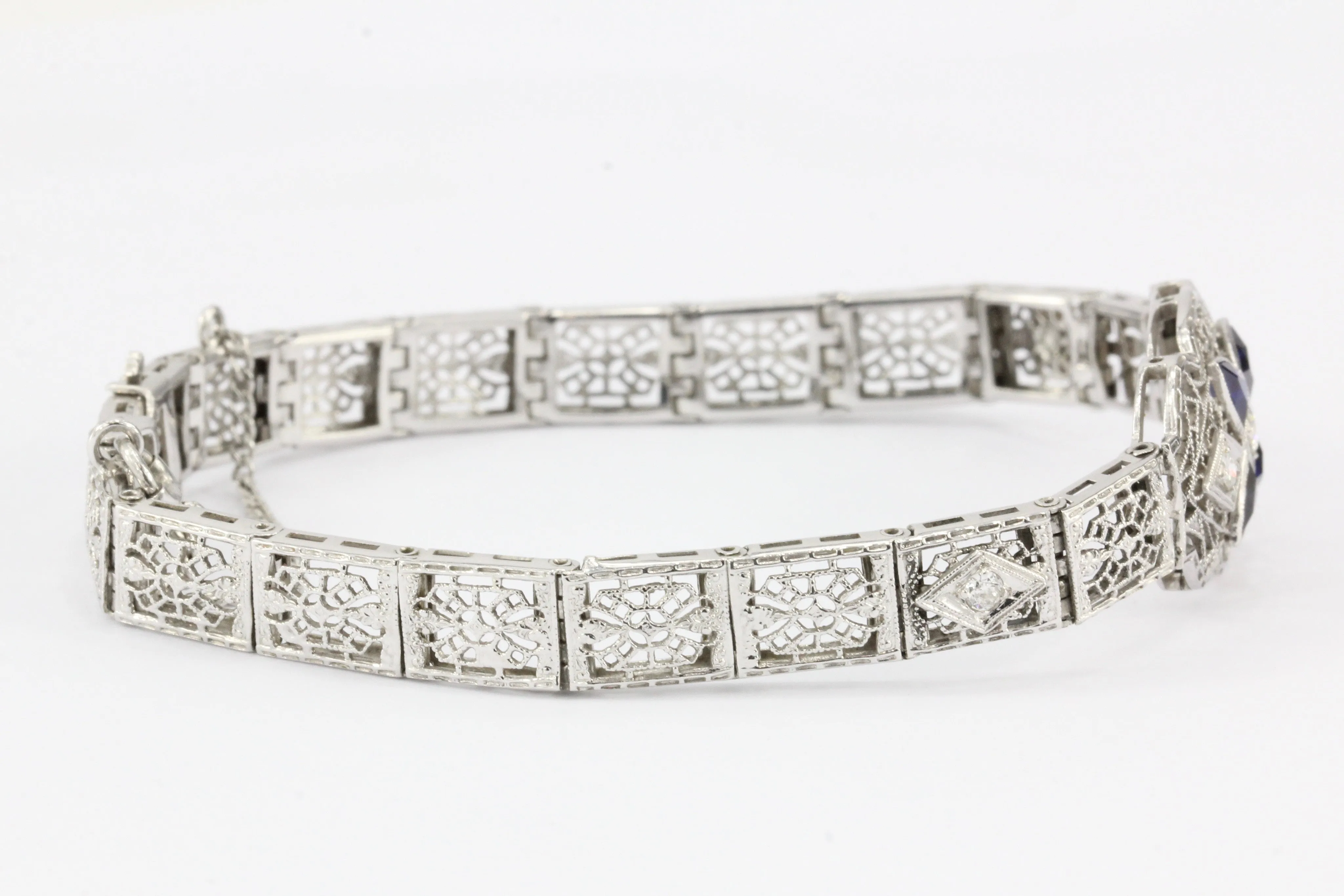 Art Deco 14K White Gold Diamond Sapphire Filigree Bracelet c.1920's