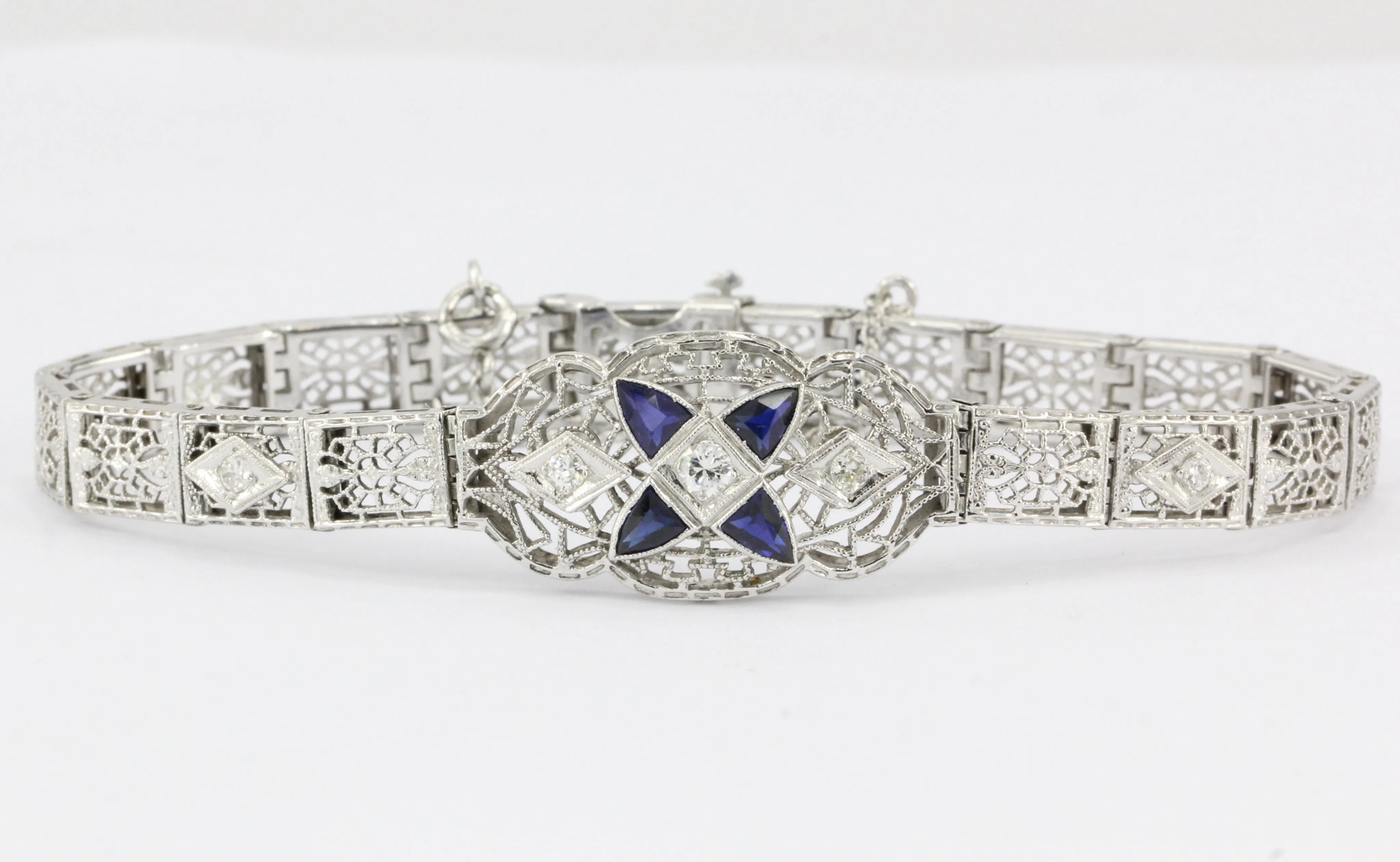 Art Deco 14K White Gold Diamond Sapphire Filigree Bracelet c.1920's