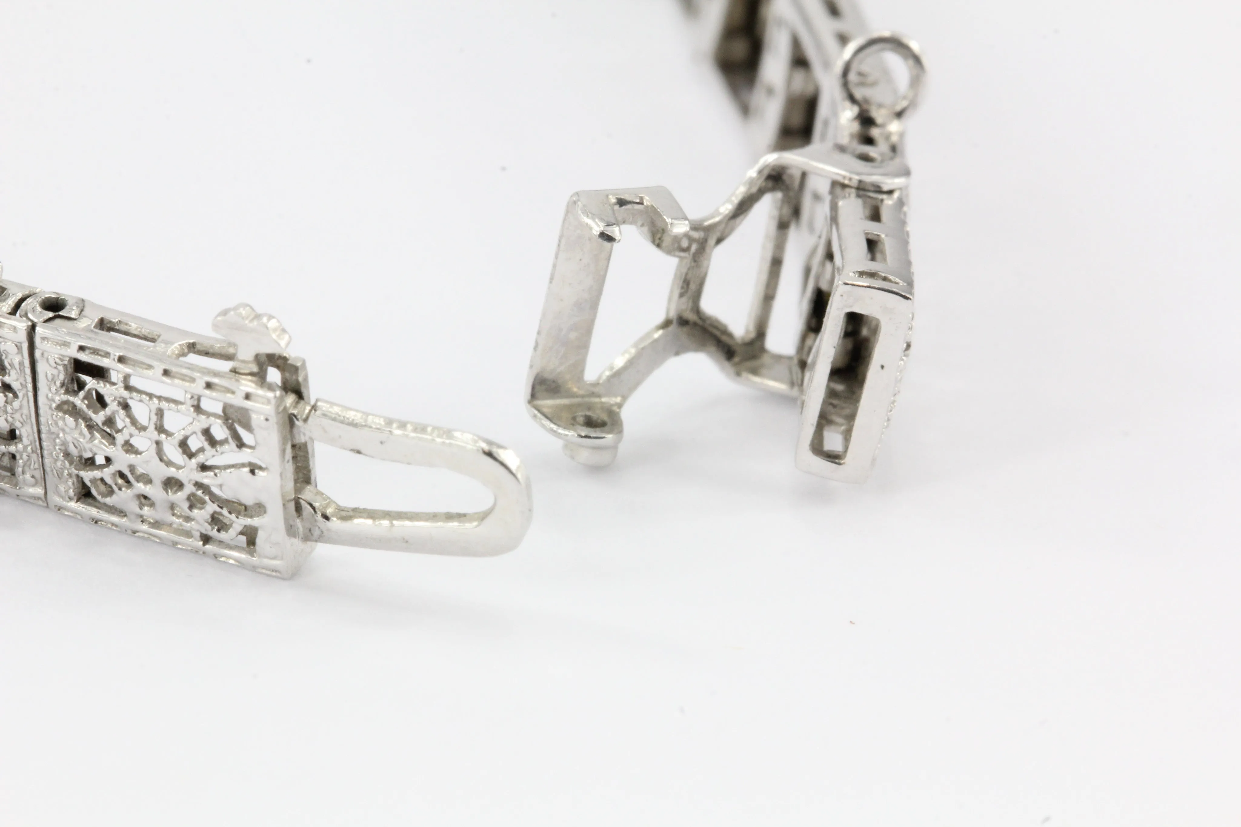 Art Deco 14K White Gold Diamond Sapphire Filigree Bracelet c.1920's
