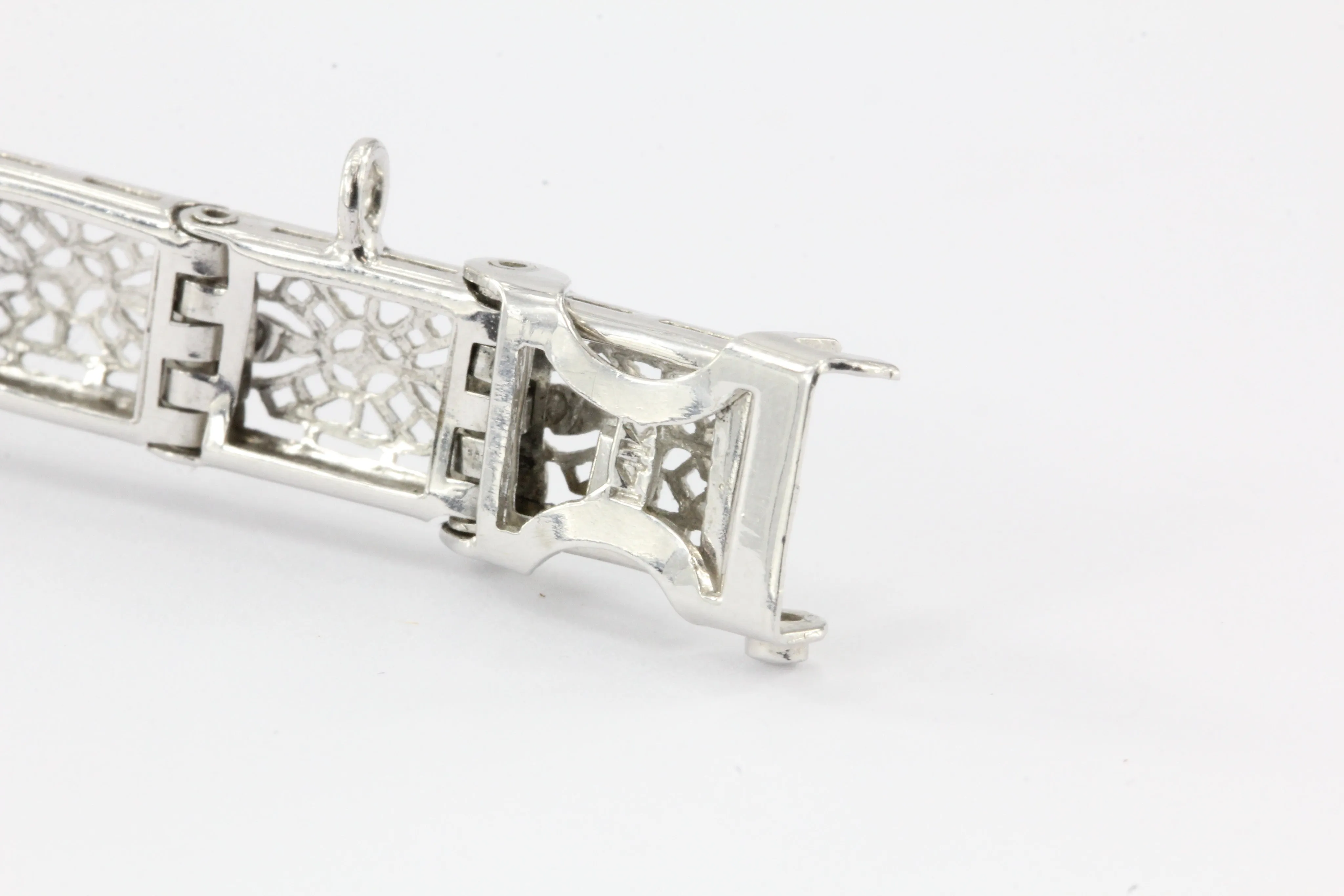 Art Deco 14K White Gold Diamond Sapphire Filigree Bracelet c.1920's