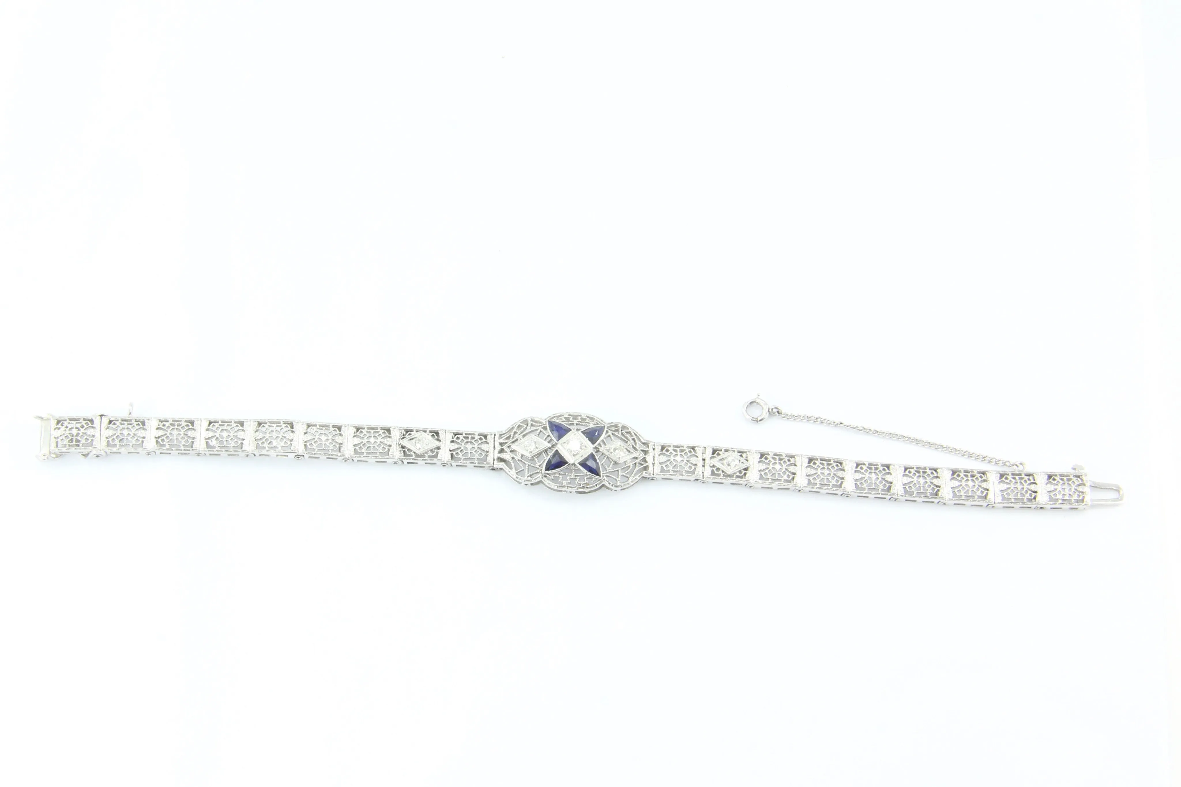 Art Deco 14K White Gold Diamond Sapphire Filigree Bracelet c.1920's