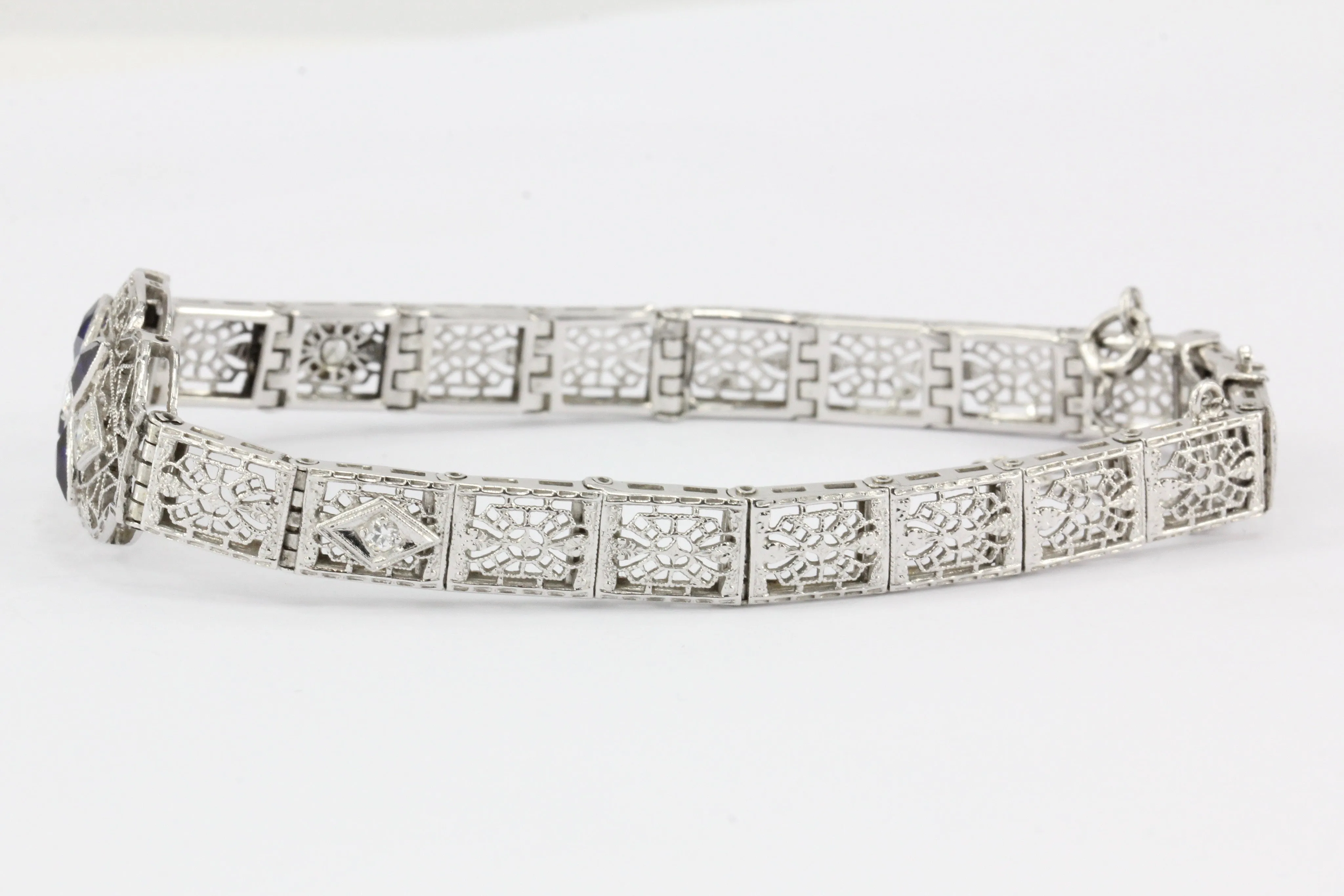 Art Deco 14K White Gold Diamond Sapphire Filigree Bracelet c.1920's