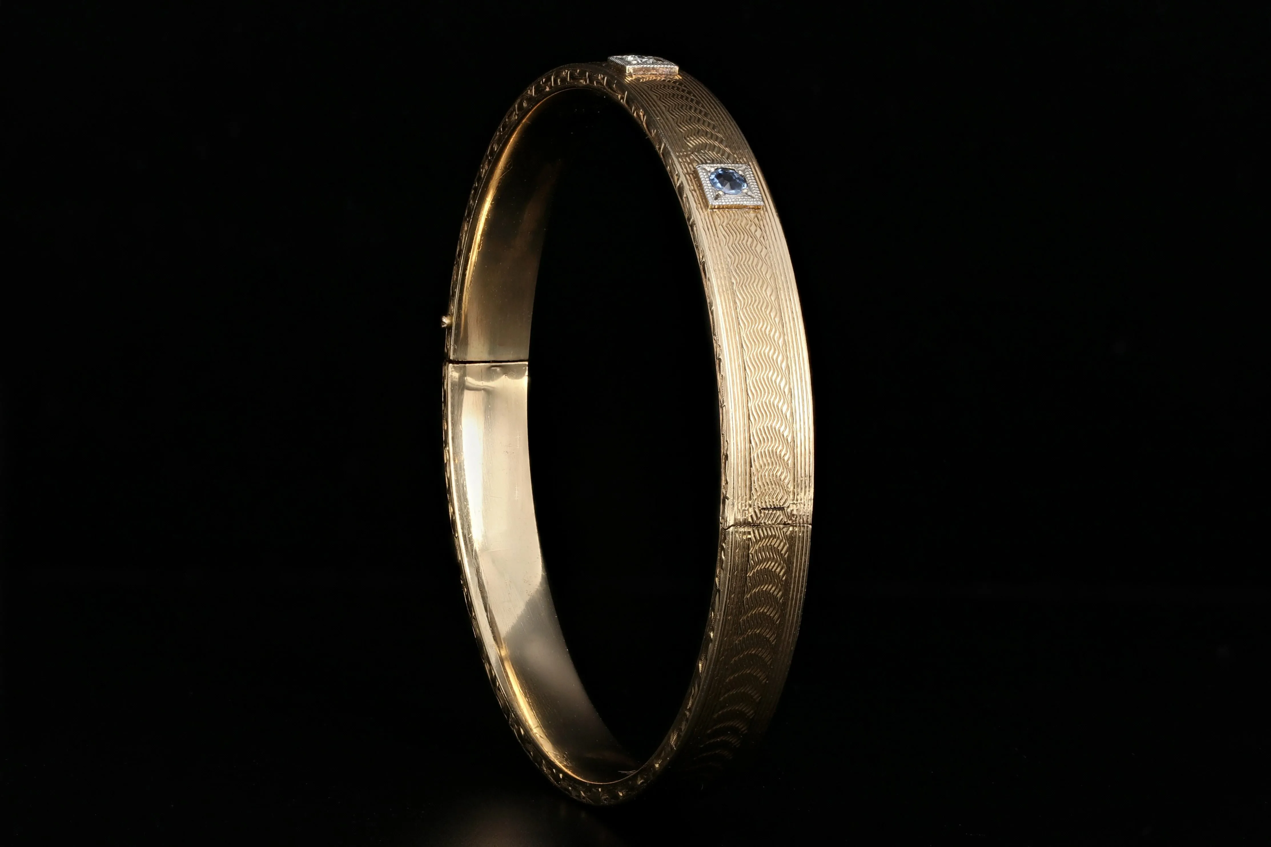 Art Deco 14K Yellow Gold Sapphire & Diamond Bangle Bracelet