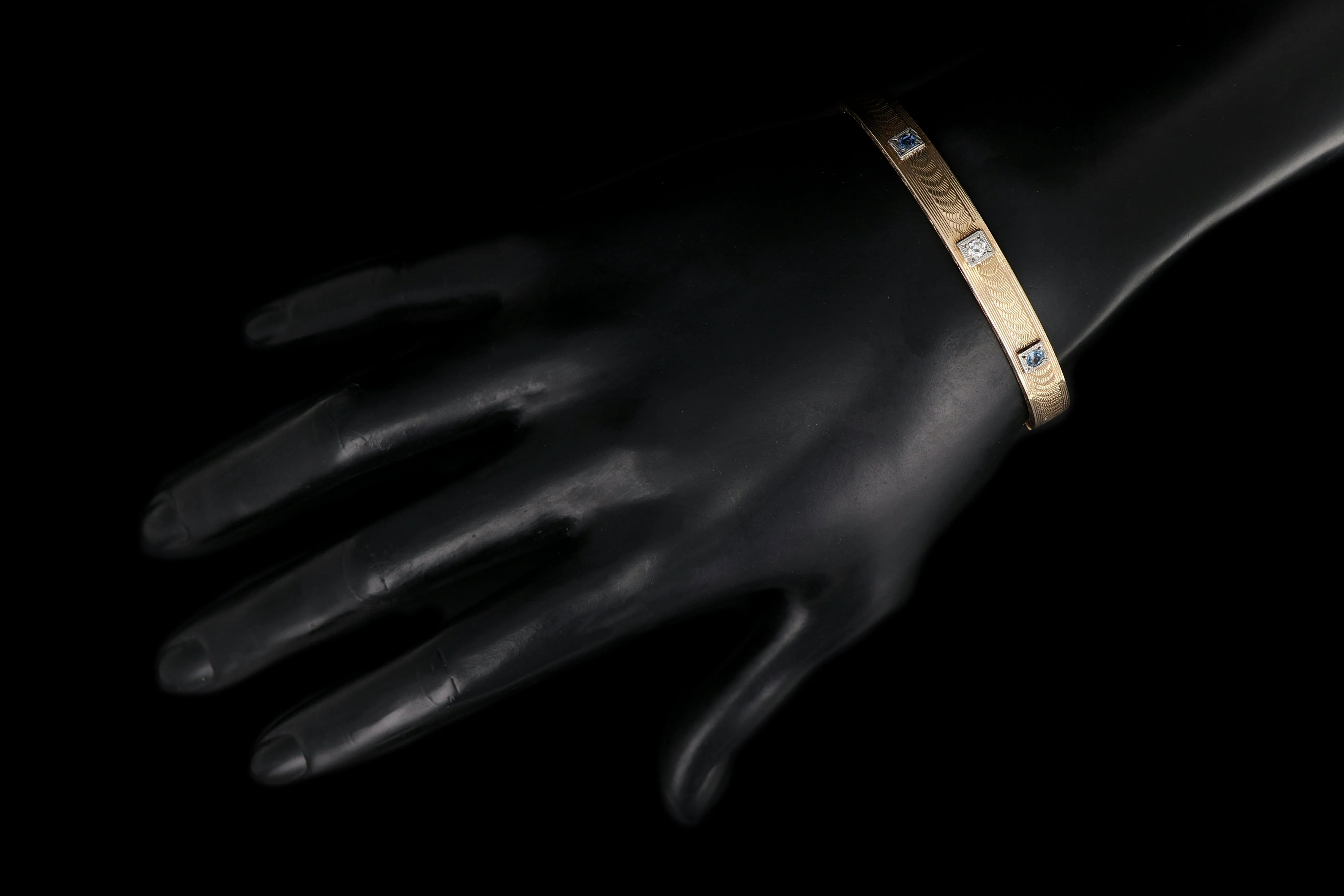 Art Deco 14K Yellow Gold Sapphire & Diamond Bangle Bracelet