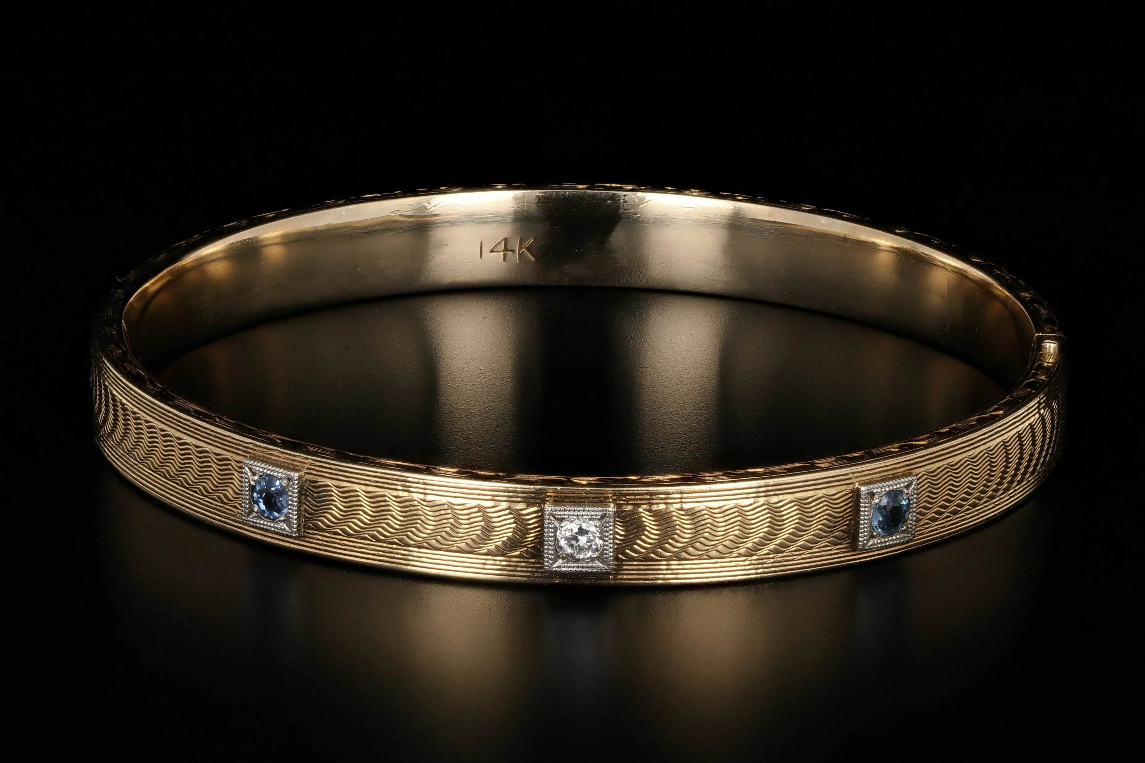 Art Deco 14K Yellow Gold Sapphire & Diamond Bangle Bracelet