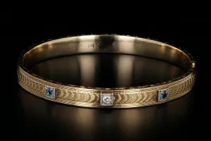 Art Deco 14K Yellow Gold Sapphire & Diamond Bangle Bracelet