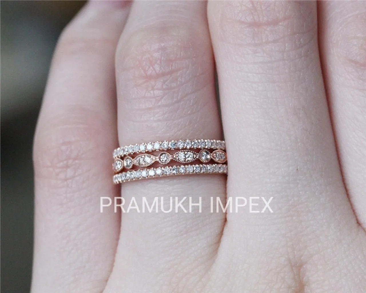 Art Deco Diamond Wedding Bands Set,  Half Eternity Band Set, Sterling Silver Ring , Stacking Ring , Rose Gold Wedding Band