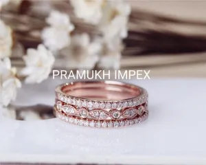 Art Deco Diamond Wedding Bands Set,  Half Eternity Band Set, Sterling Silver Ring , Stacking Ring , Rose Gold Wedding Band