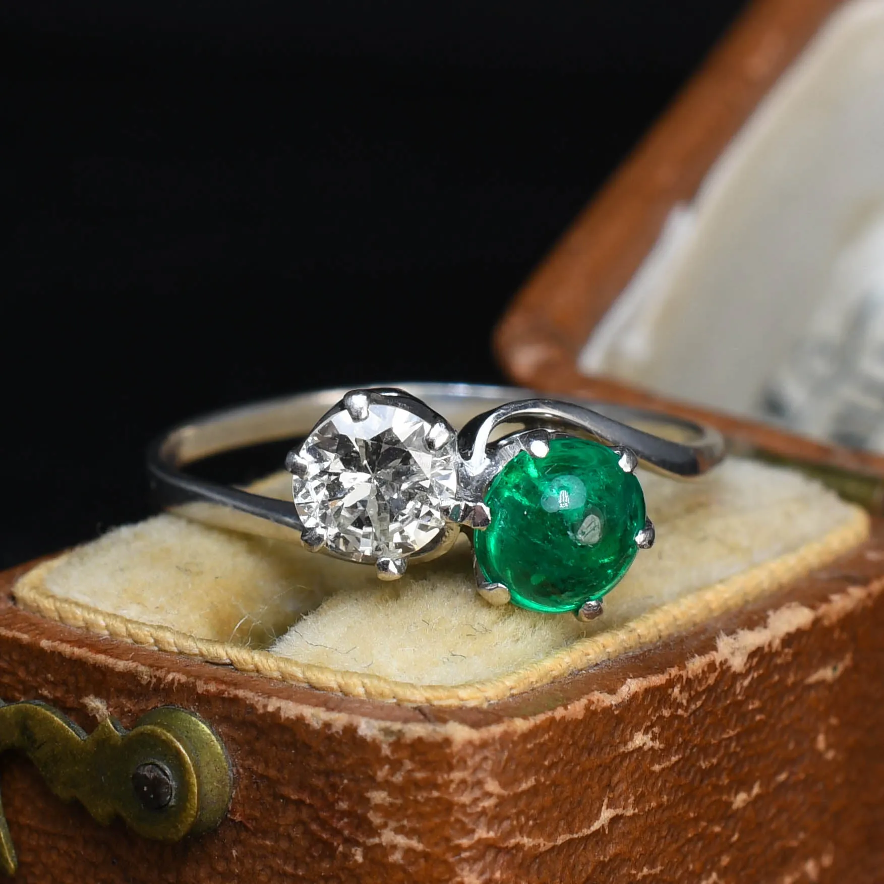 Art Deco Emerald Cabochon & Diamond "Toi et Moi" Ring