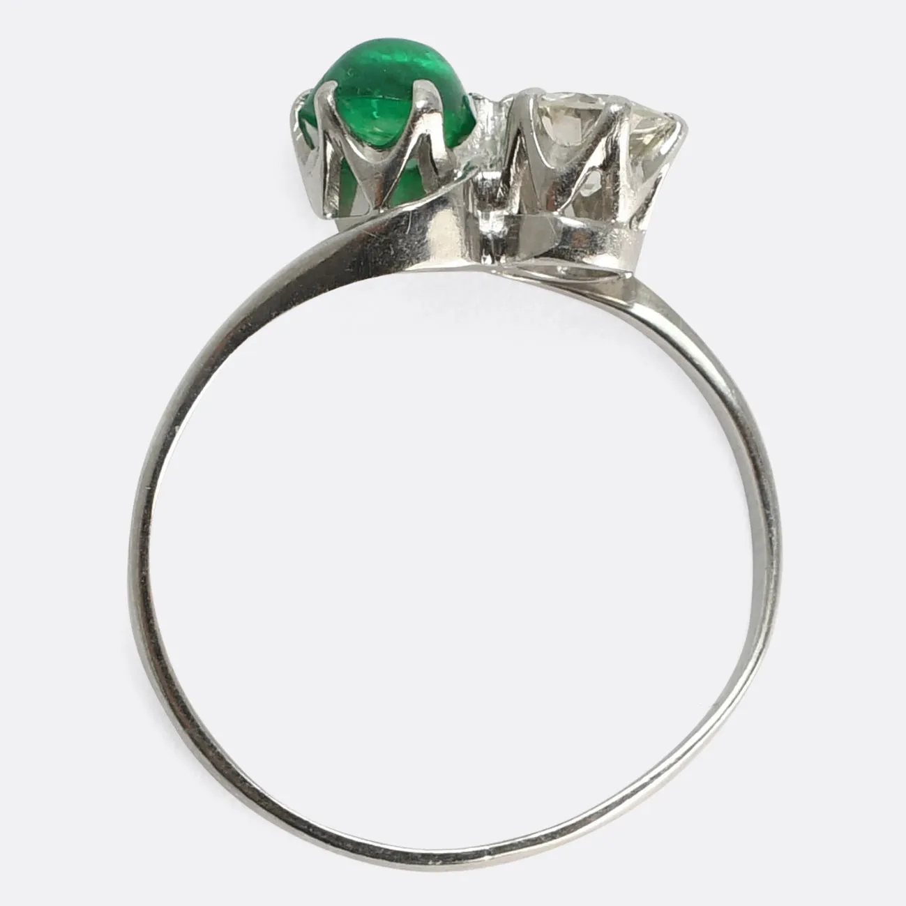 Art Deco Emerald Cabochon & Diamond "Toi et Moi" Ring
