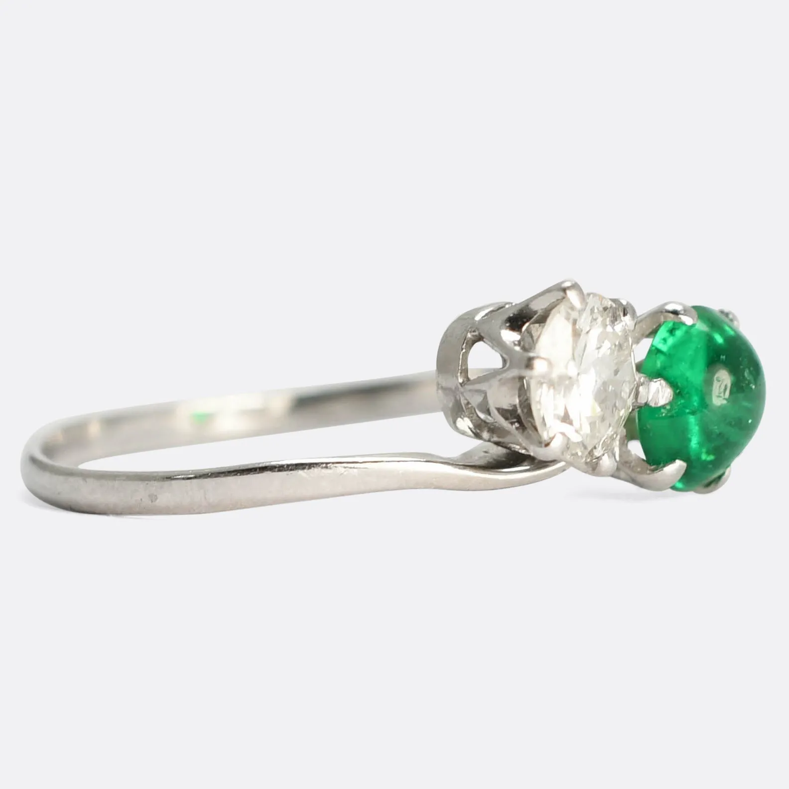 Art Deco Emerald Cabochon & Diamond "Toi et Moi" Ring