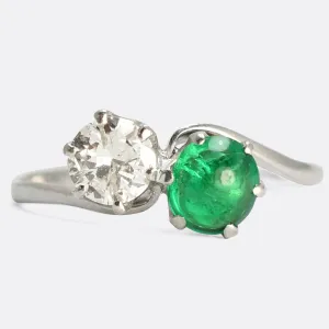 Art Deco Emerald Cabochon & Diamond "Toi et Moi" Ring