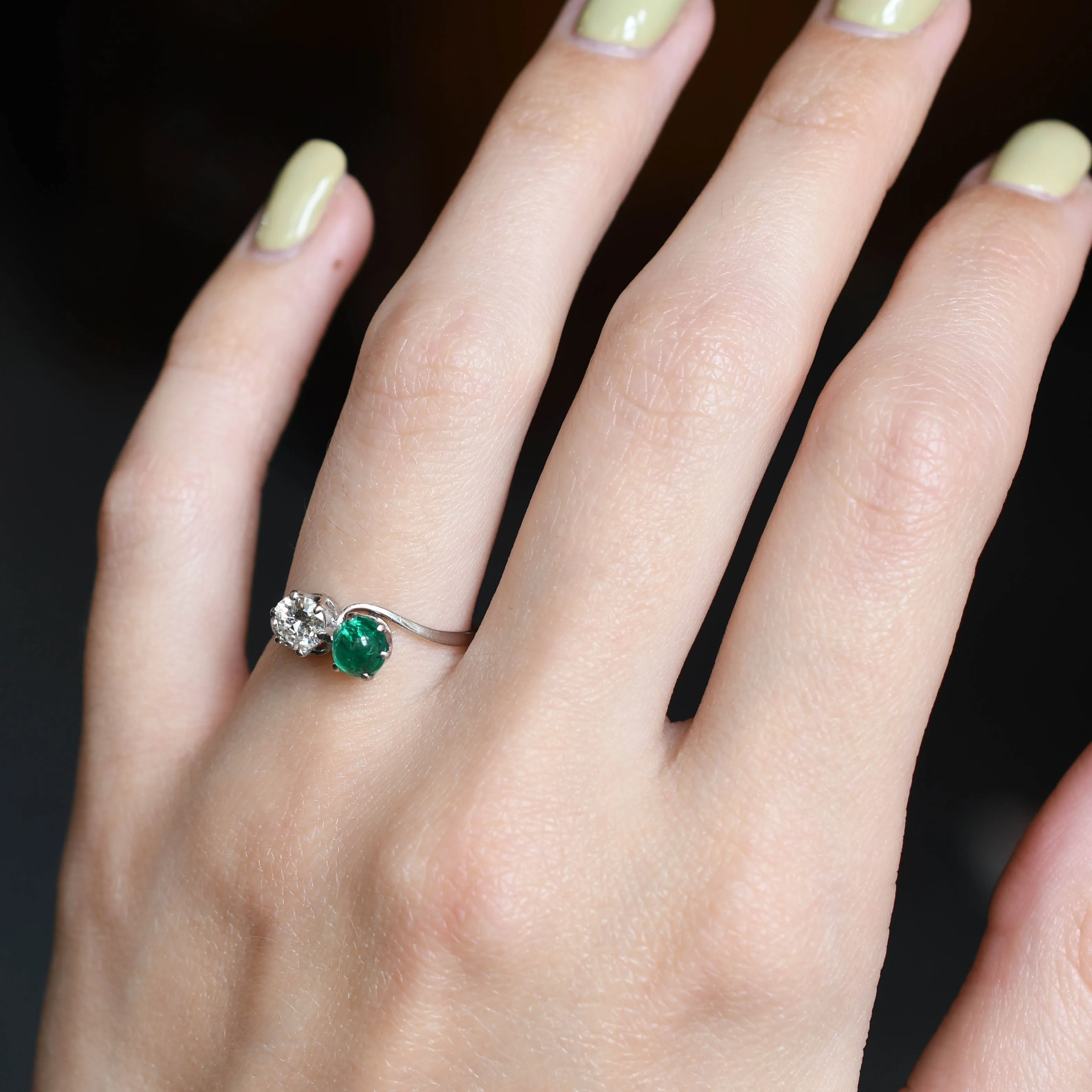 Art Deco Emerald Cabochon & Diamond "Toi et Moi" Ring