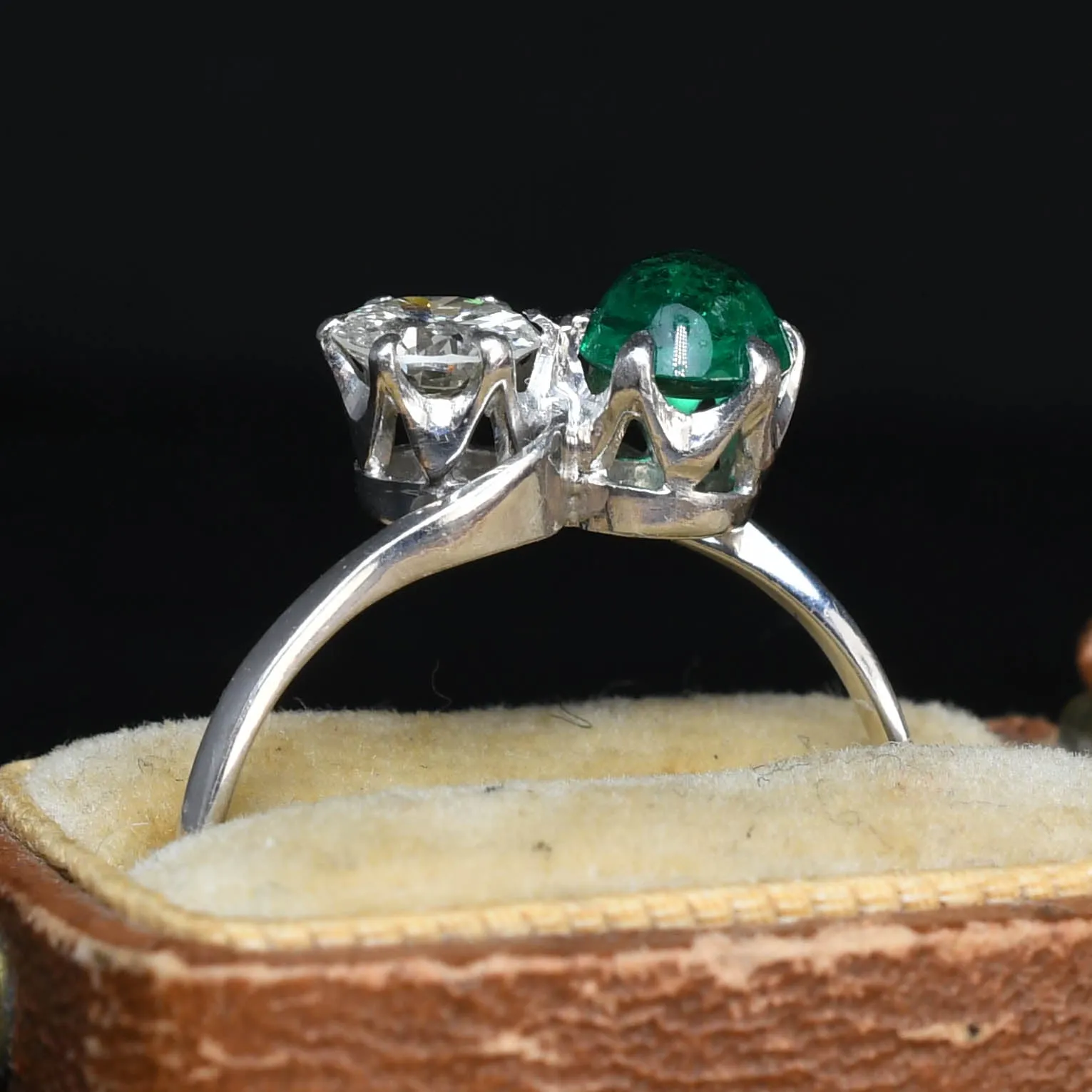 Art Deco Emerald Cabochon & Diamond "Toi et Moi" Ring