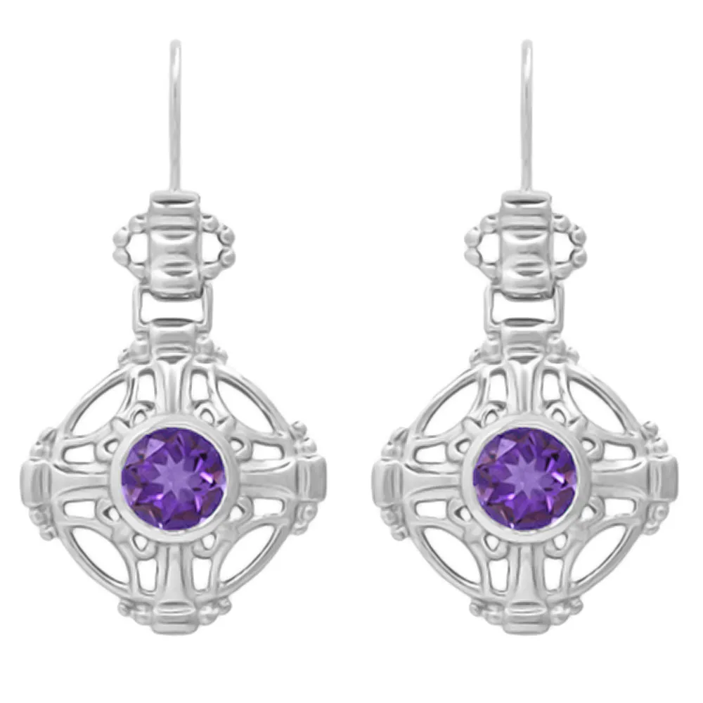 Arts and Crafts Antique Style Amethyst Filigree Drop Earrings in Sterling Silver