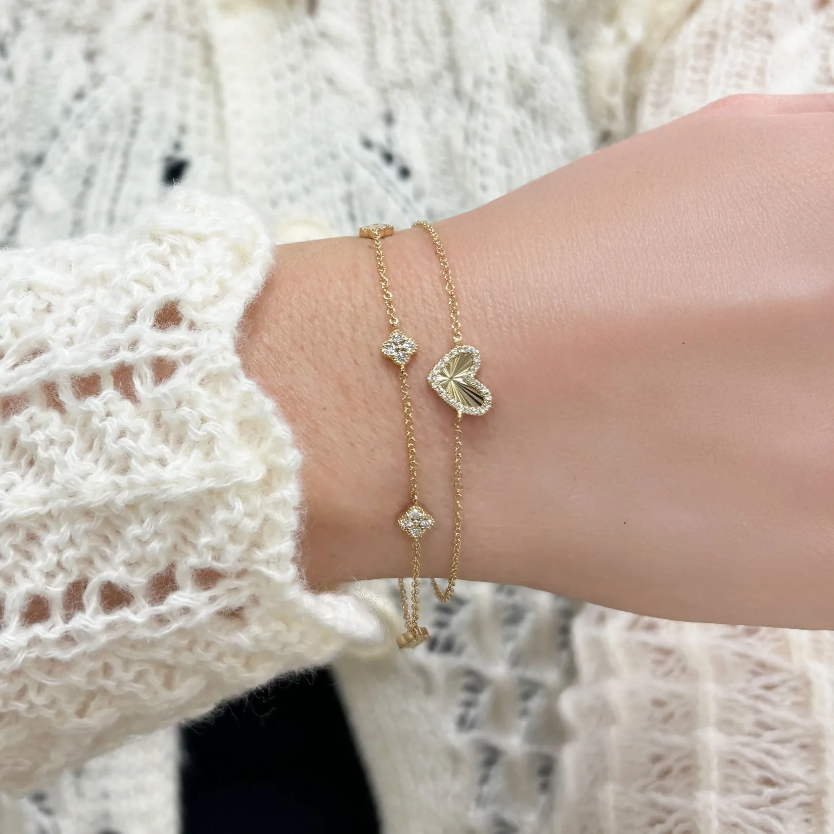 Asymmetrical Fluted Gold Diamond Heart Bracelet