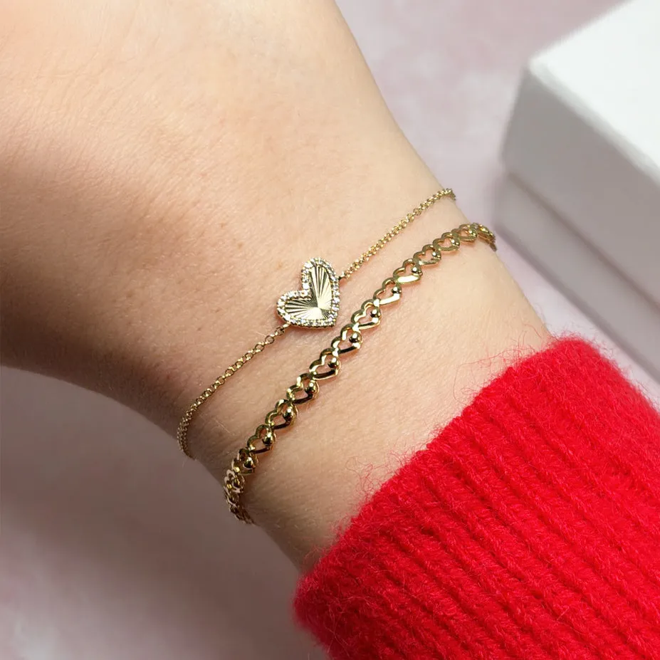 Asymmetrical Fluted Gold Diamond Heart Bracelet