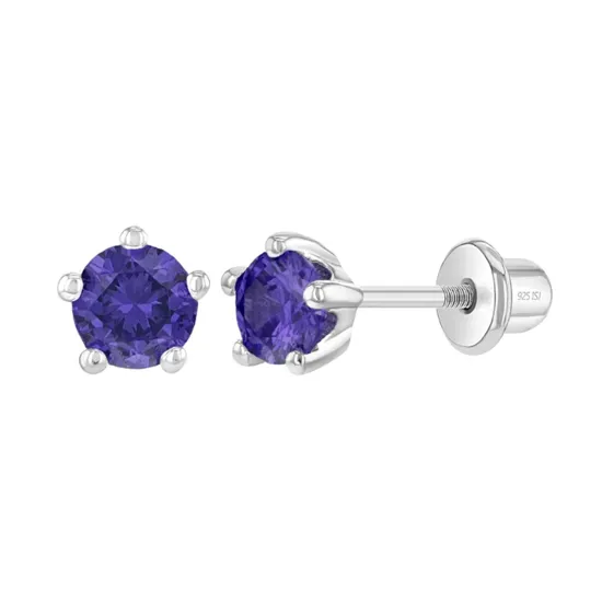 Baby and Children's Earrings:  Sterling Silver Five Prong 4mm Amethyst CZ with Screw Backs Age 1 - 12