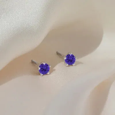 Baby and Children's Earrings:  Sterling Silver Five Prong 4mm Amethyst CZ with Screw Backs Age 1 - 12