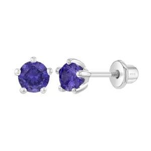 Baby and Children's Earrings:  Sterling Silver Five Prong 4mm Amethyst CZ with Screw Backs Age 1 - 12