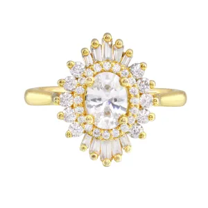 Baguette and Round Diamond Starburst Halo Engagement Ring