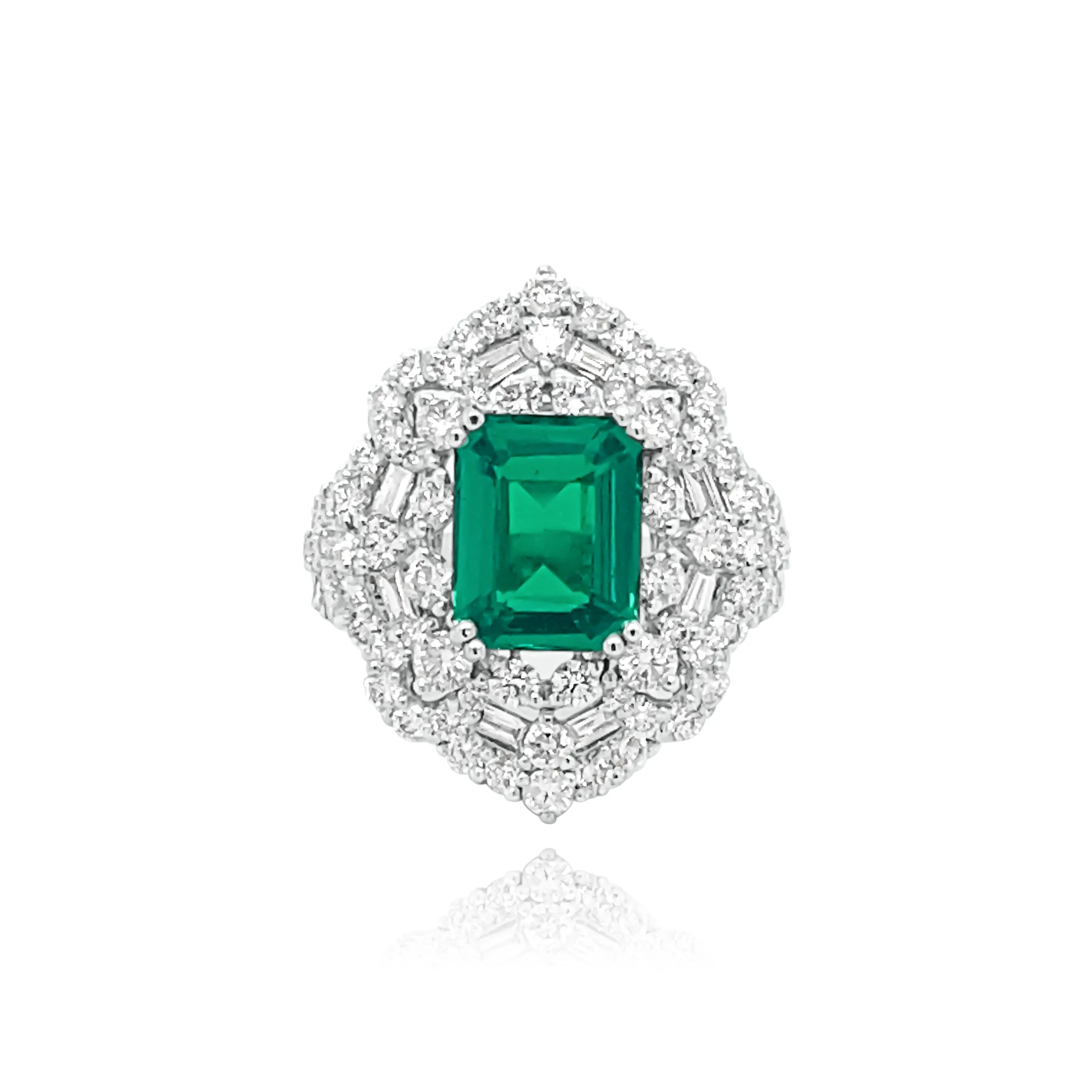 Baguette cut & Brilliant cut Diamonds With Emerald cut Emerald "Maui" Ring