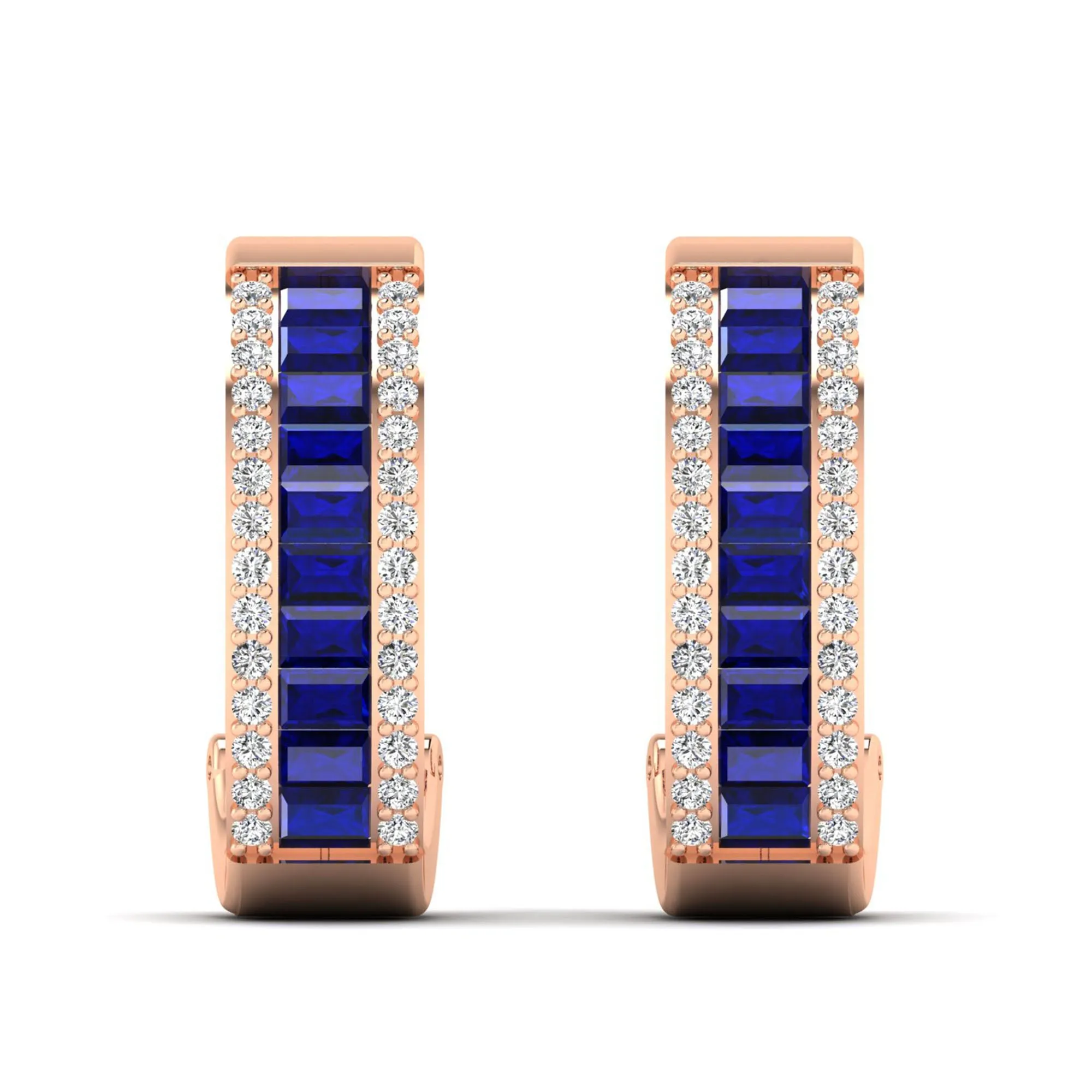 Baguette Sapphire and Cluster Diamond Hoop Earrings