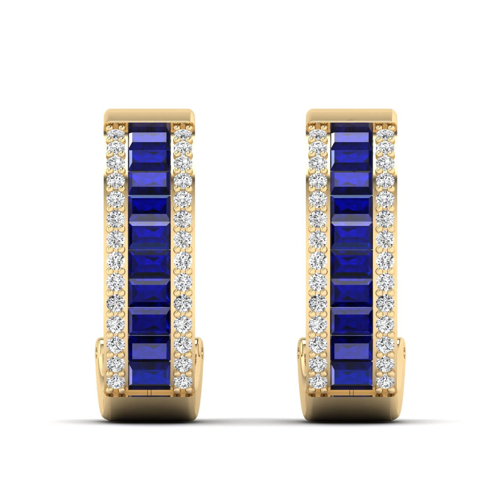 Baguette Sapphire and Cluster Diamond Hoop Earrings