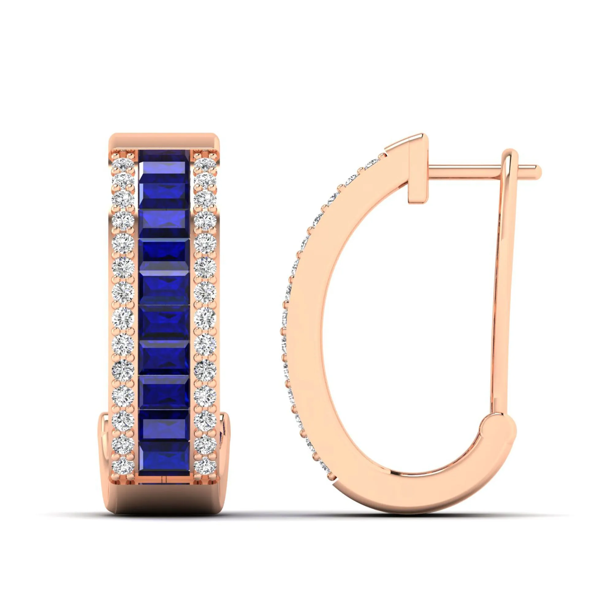 Baguette Sapphire and Cluster Diamond Hoop Earrings
