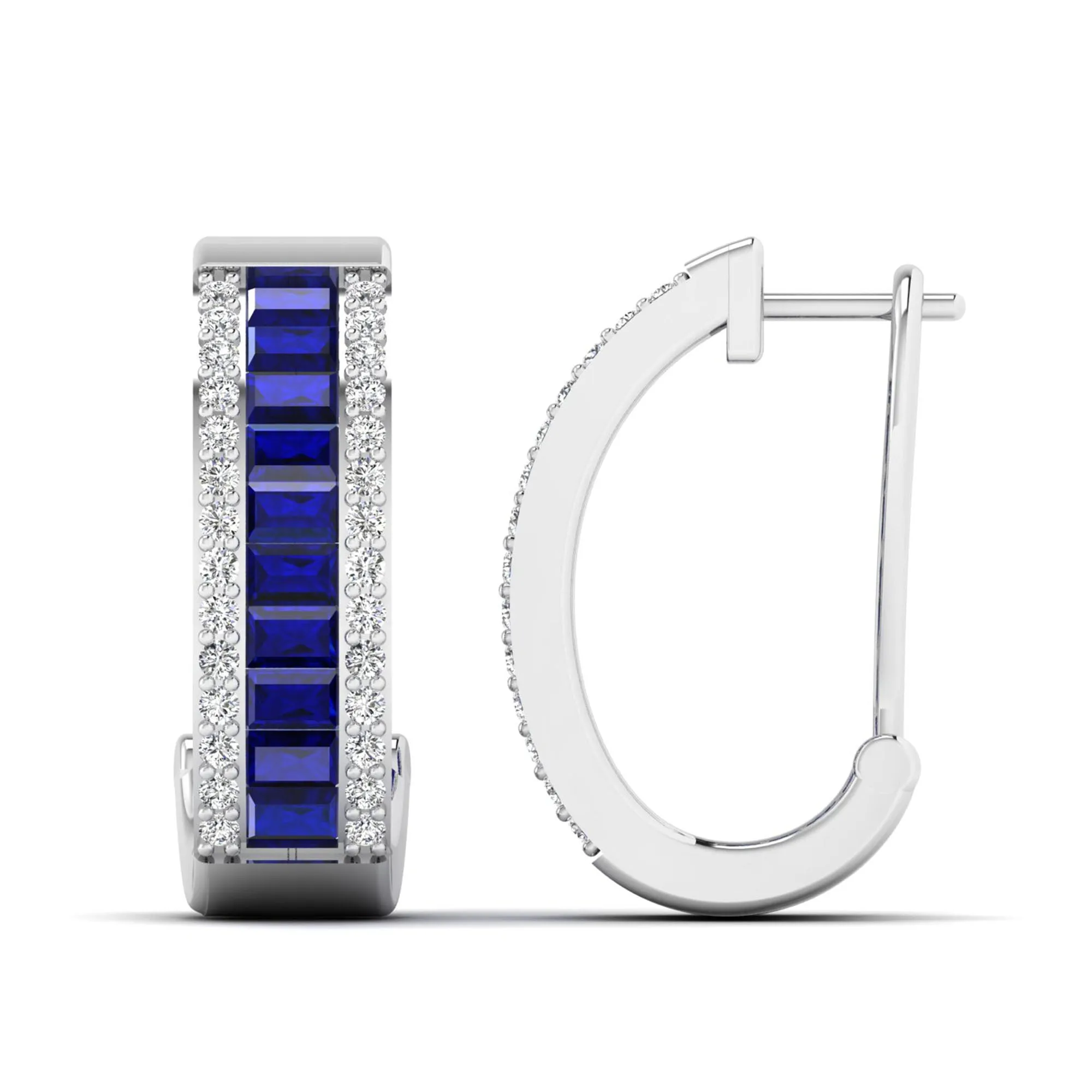 Baguette Sapphire and Cluster Diamond Hoop Earrings