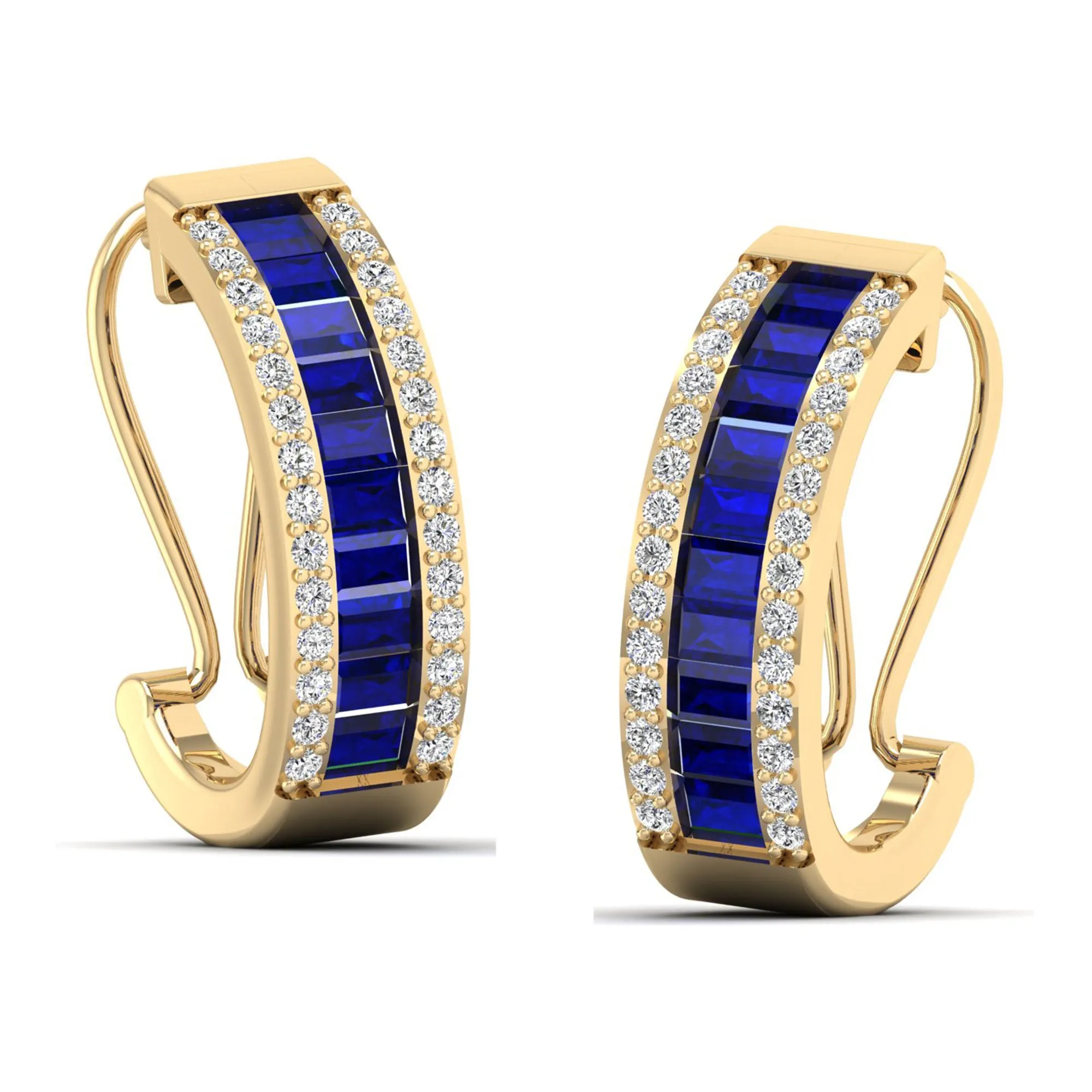 Baguette Sapphire and Cluster Diamond Hoop Earrings
