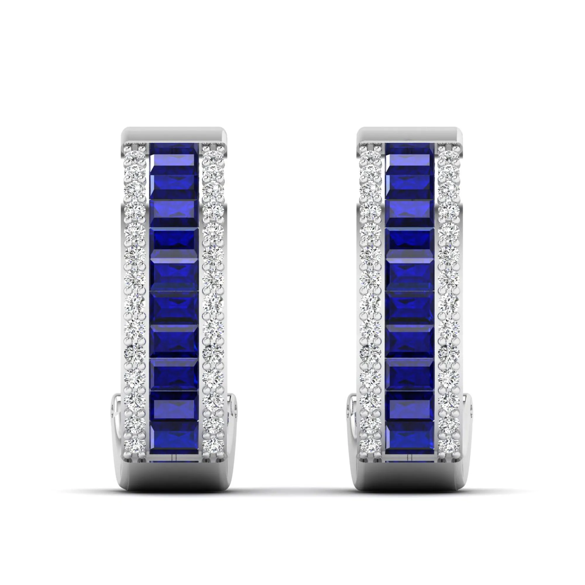 Baguette Sapphire and Cluster Diamond Hoop Earrings