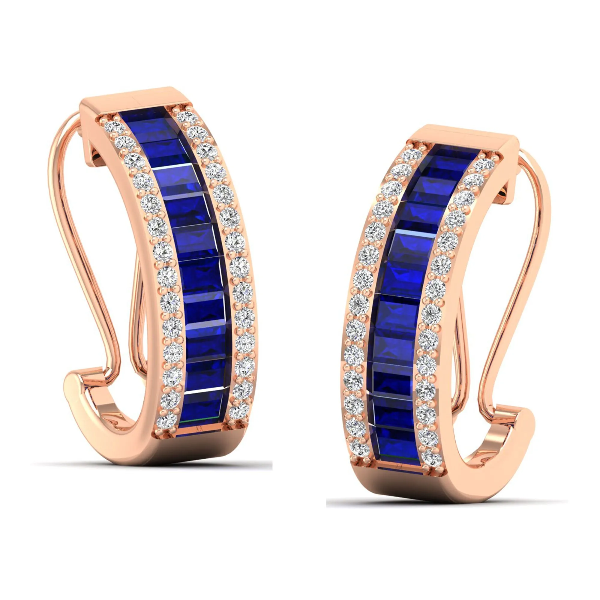 Baguette Sapphire and Cluster Diamond Hoop Earrings