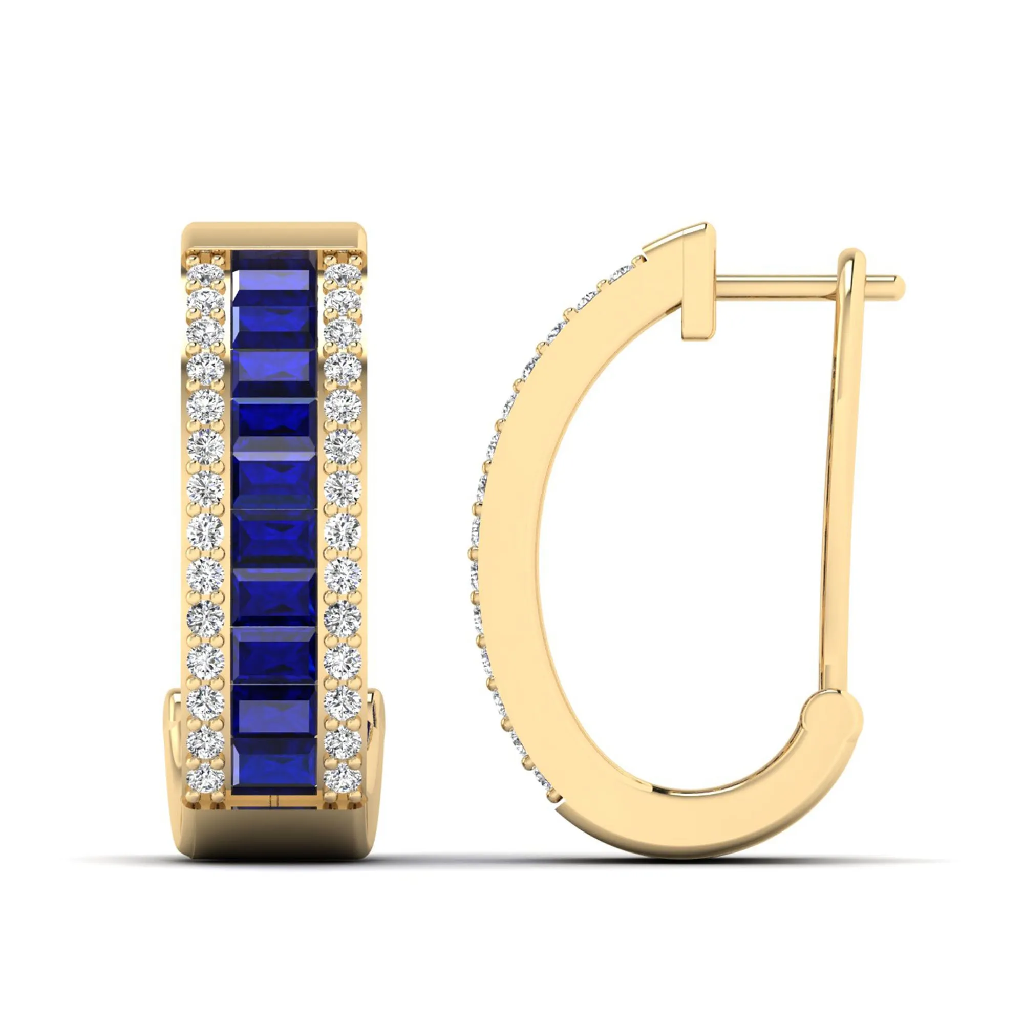 Baguette Sapphire and Cluster Diamond Hoop Earrings