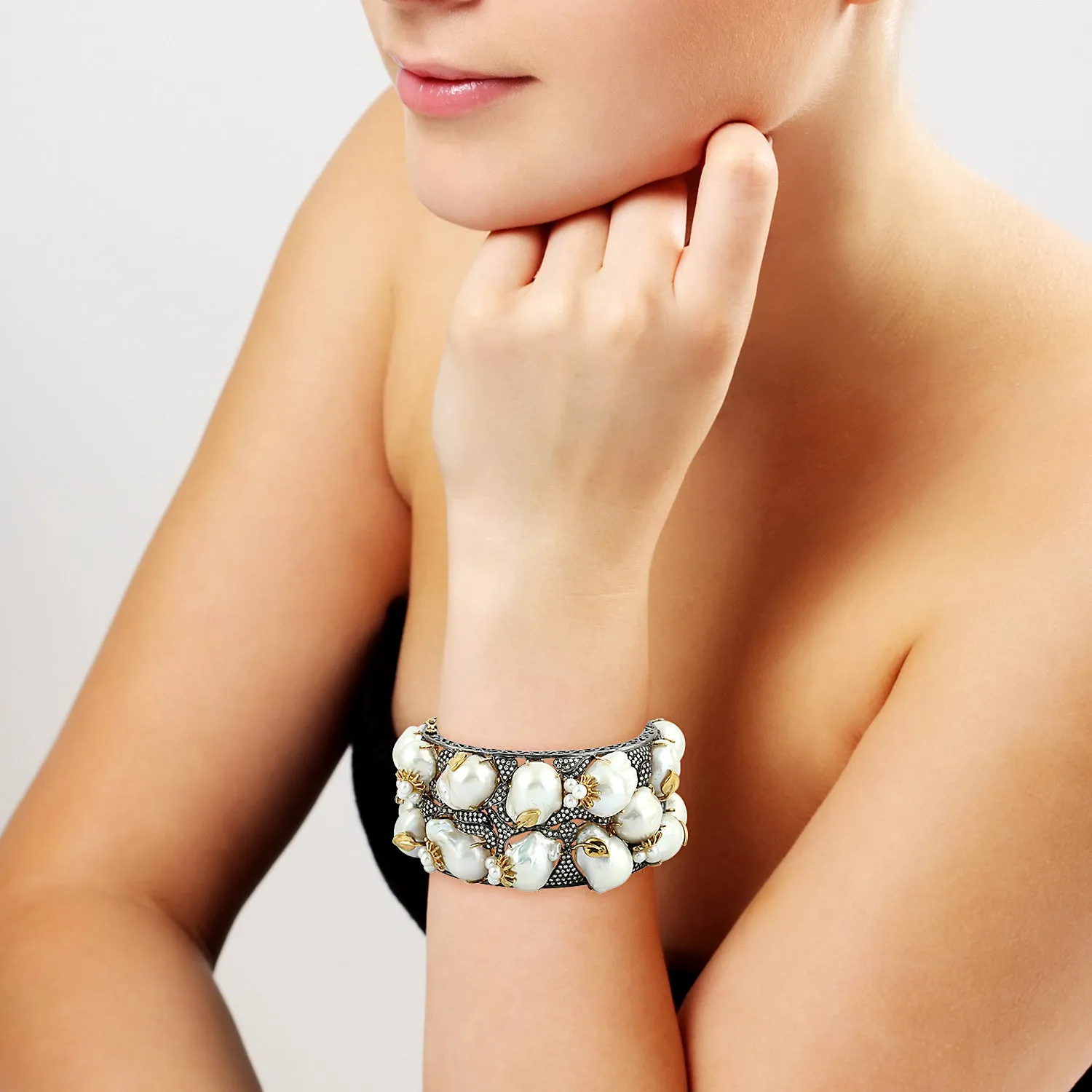 Baroque Pearl Pave Diamond & Sapphire Bangle In Gold 925 Sterling Silver