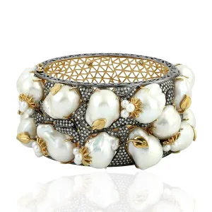Baroque Pearl Pave Diamond & Sapphire Bangle In Gold 925 Sterling Silver