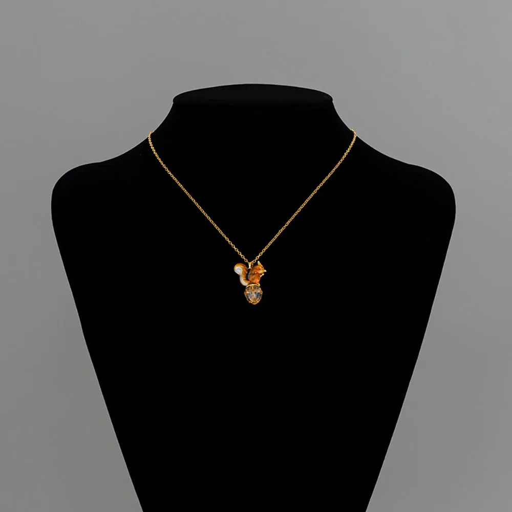 Beautiful Acorn Squirrel Enamel Necklaces Pendants Hand-painted Fashion Jewelry