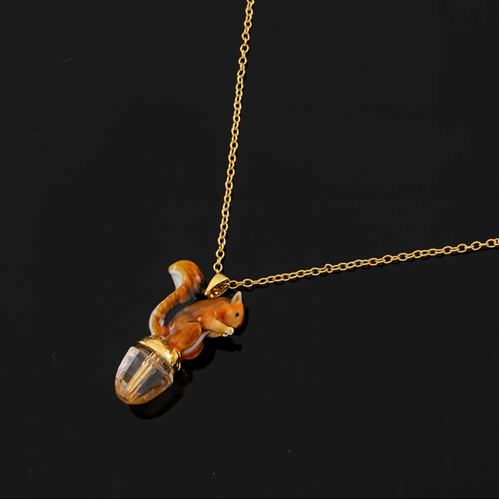 Beautiful Acorn Squirrel Enamel Necklaces Pendants Hand-painted Fashion Jewelry