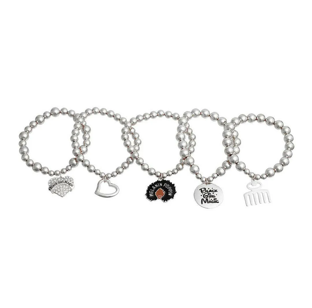 Black Girl Magic Charm Bracelet Stack-Metallic