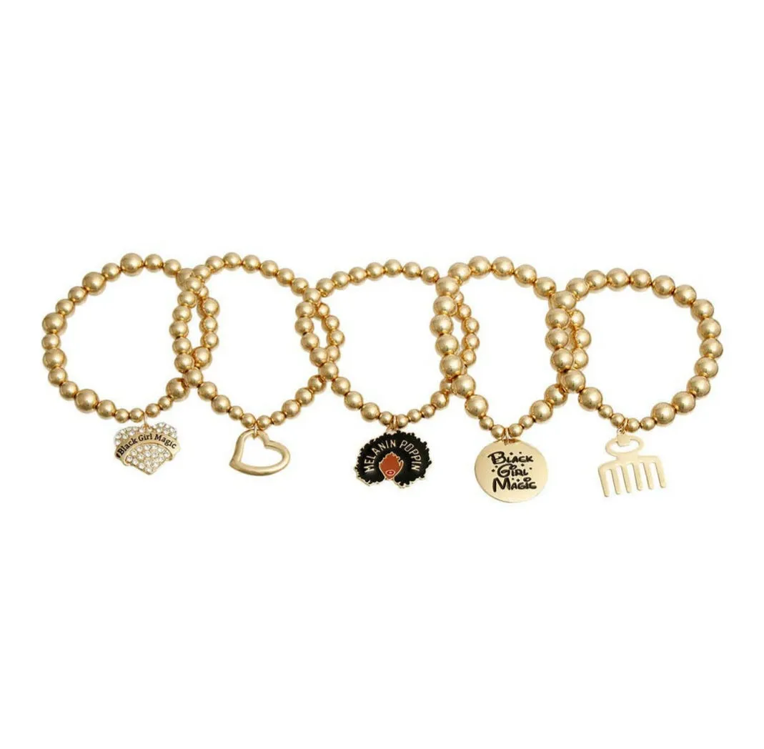 Black Girl Magic Charm Bracelet Stack-Metallic