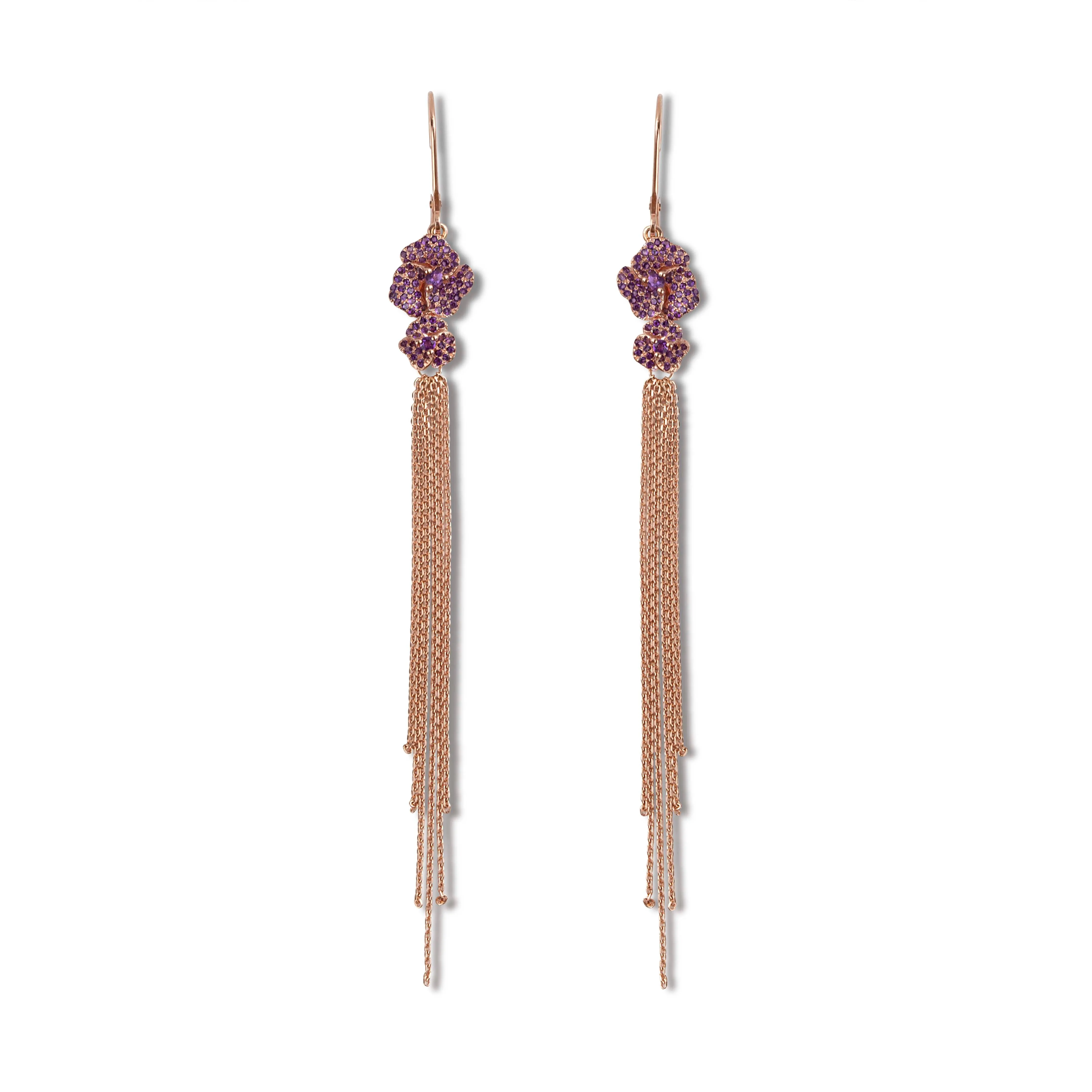 Bloom Mini Flower Amethyst Tassel Earrings in Rose Gold