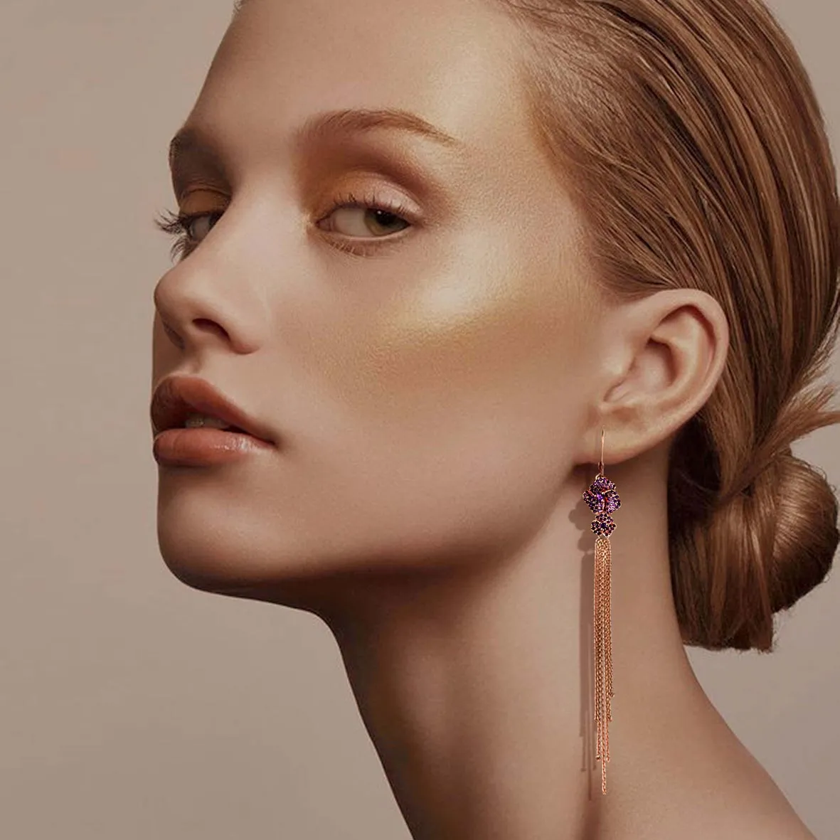 Bloom Mini Flower Amethyst Tassel Earrings in Rose Gold