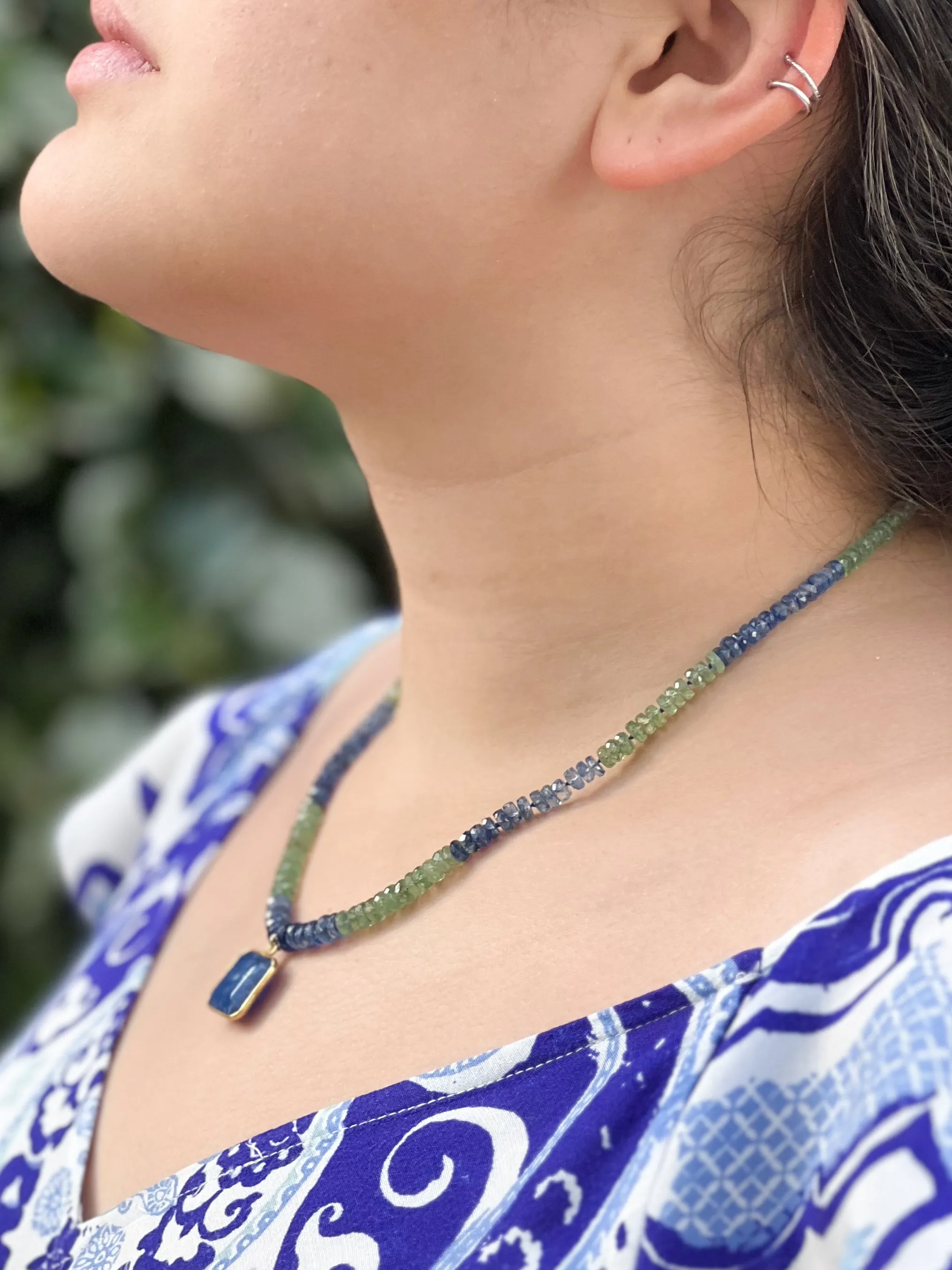 Blue and Green Kyanite Necklace with Lapis Pendant